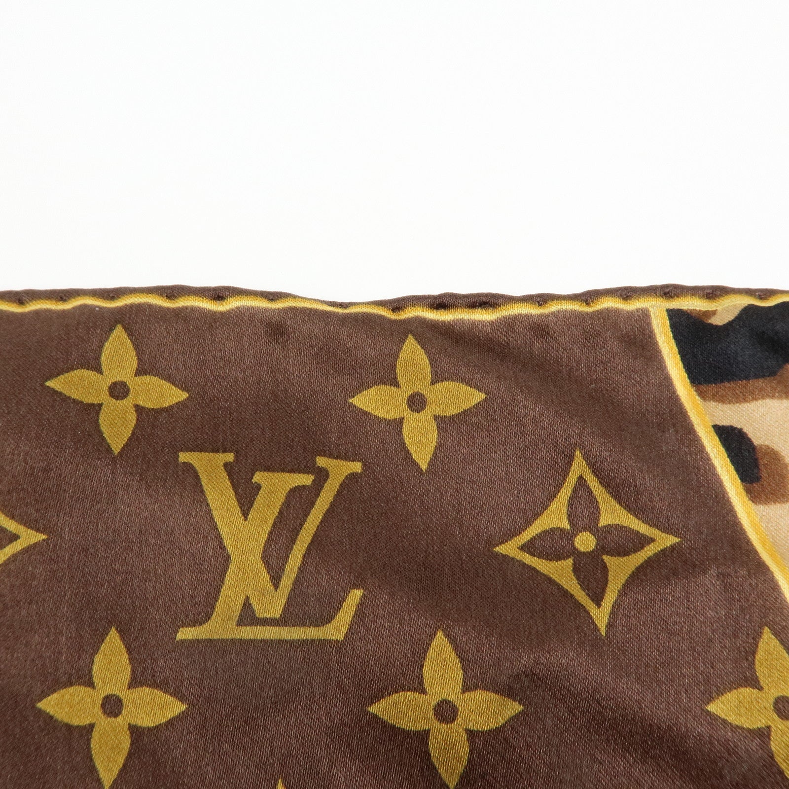 Louis Vuitton Monogram Silk 100% Scarf Shawl Leopard Pattern Brown