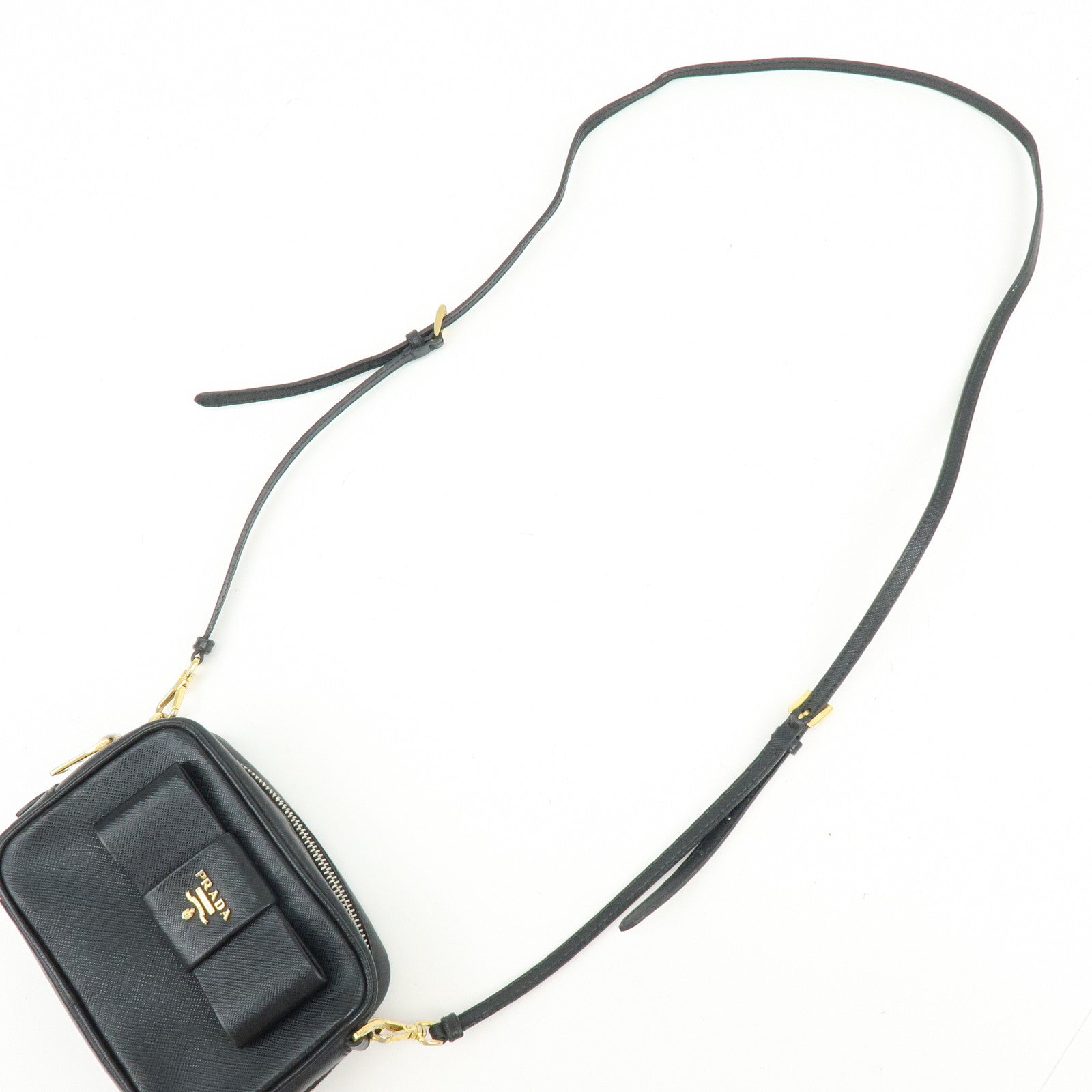 PRADA Saffiano Leather Shoulder Crossbody Bag Ribbon Motif Black 1NF674