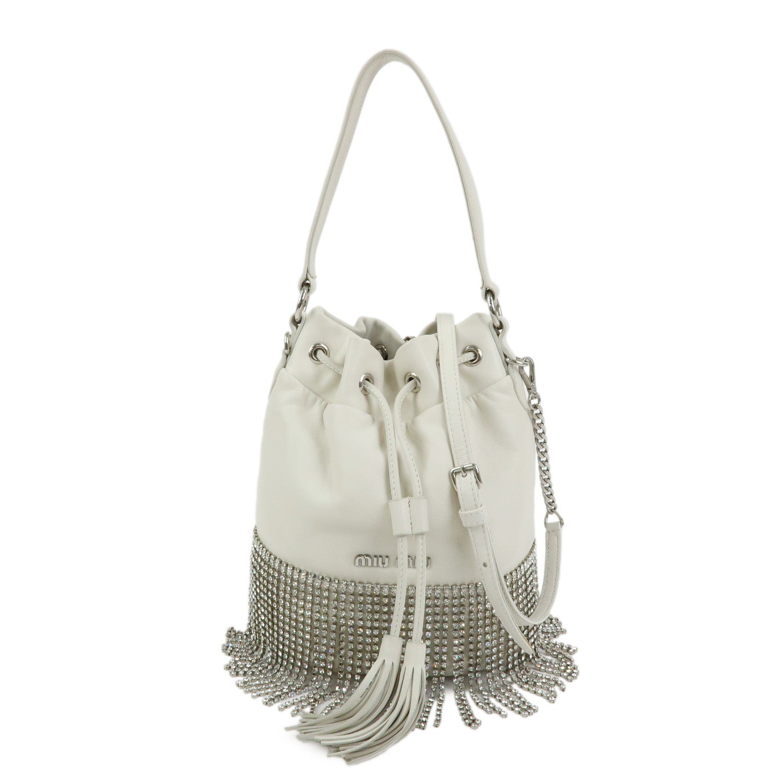 MIU MIU Nappa Leather 2Way Hand Bag Shoulder Bag Fringe White 5BE014
