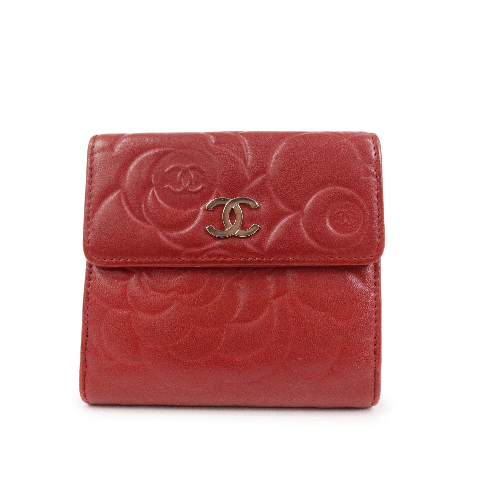 CHANEL Camellia COCO Mark Lamb Skin Bi-fold Compact Wallet Red A47422