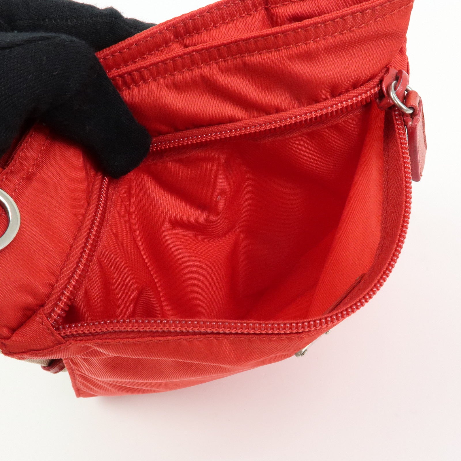 PRADA Triangle Logo Nylon Shoulder Bag Crossbody Bag Red Beige B7372