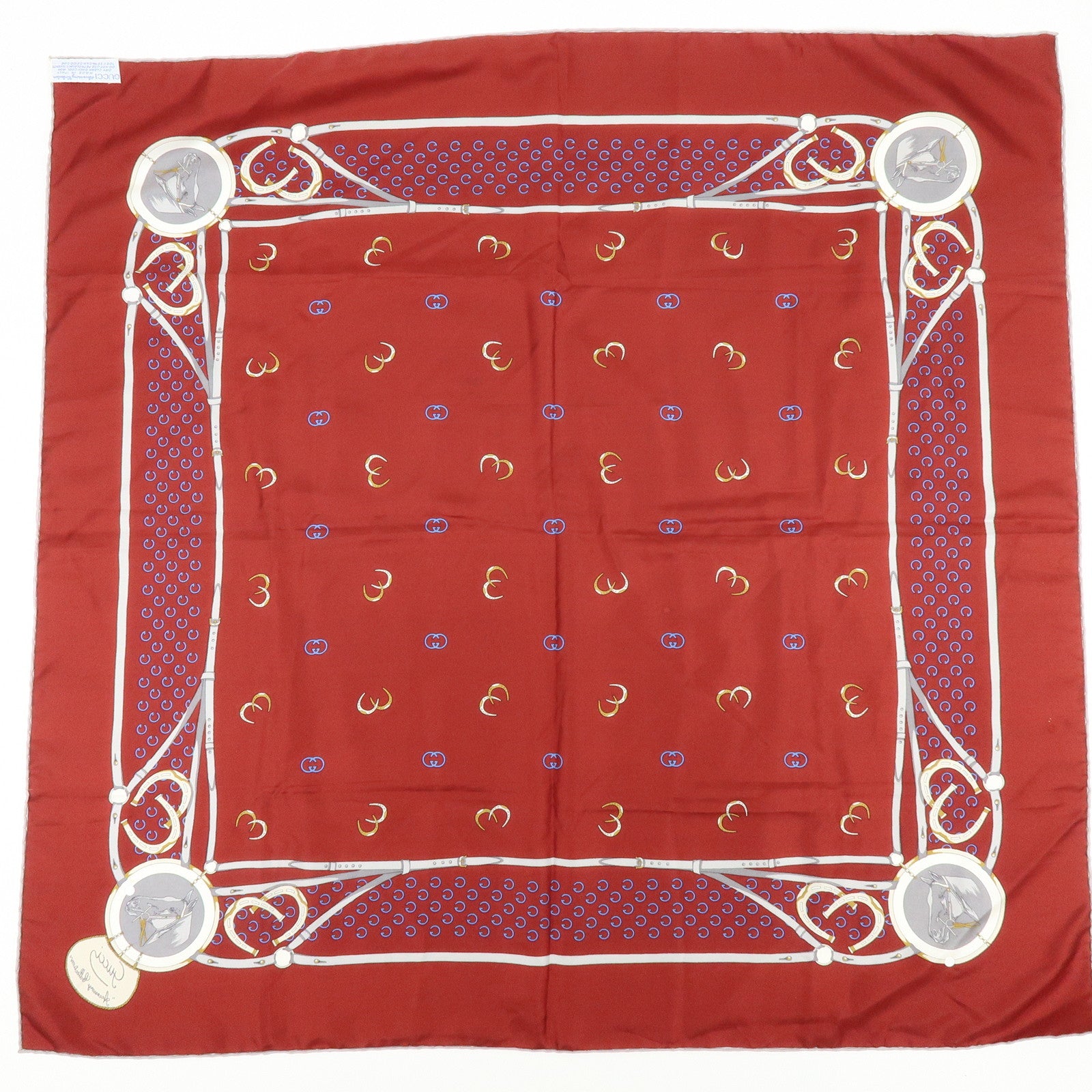 GUCCI Silk 100% Double G Horseshoe Scarf Bordeaux White Blue