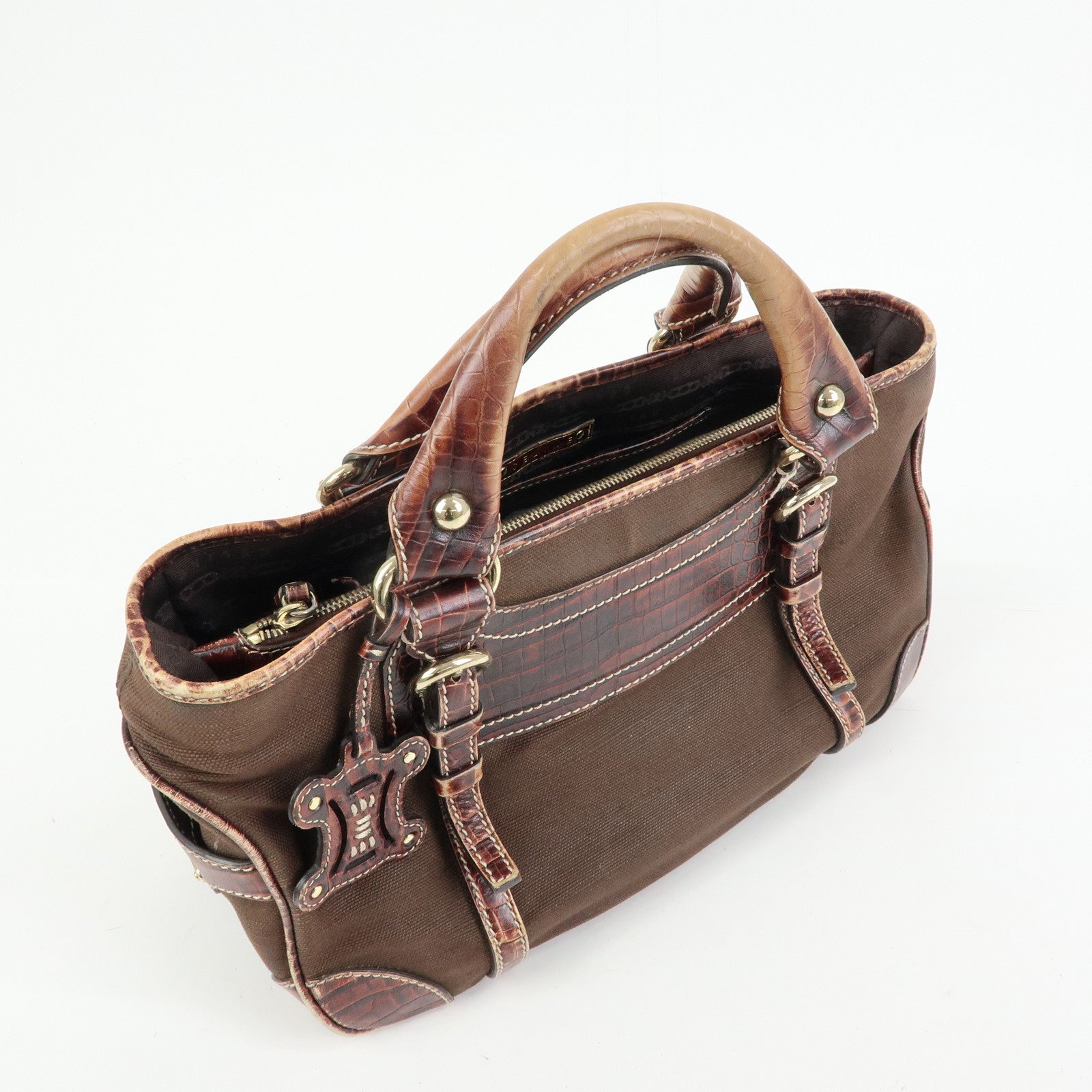CELINE Boogie Bag Canvas Embossed Leather Hand Bag Tote Bag Brown