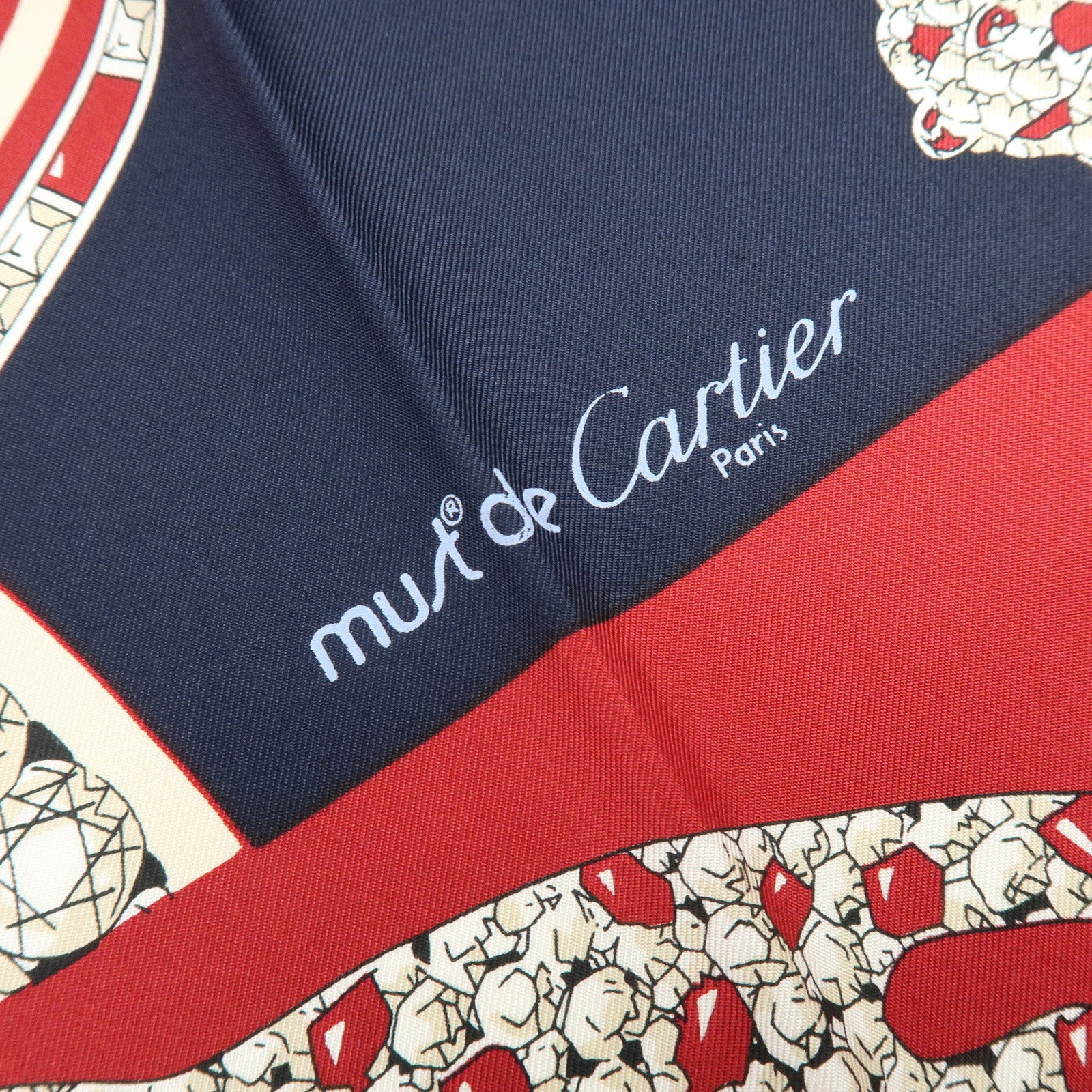 Cartier Must de Cartier Silk 100% Tiger Print Scarf Showl Red Navy