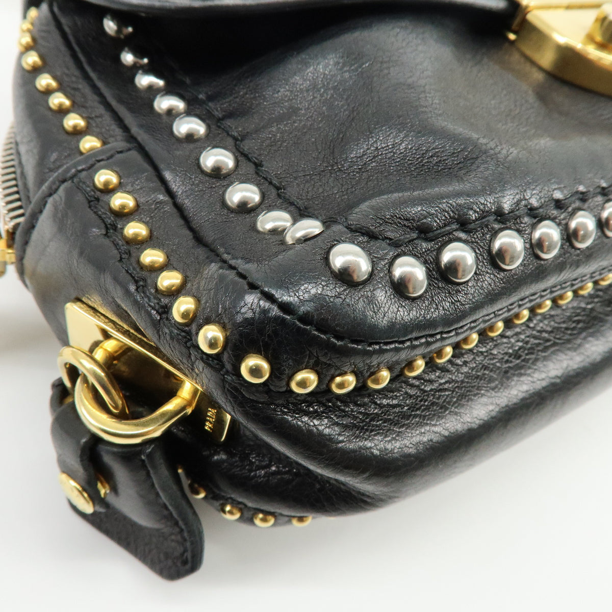 PRADA Leather Chain Shoulder Bag Studded Black Gold Silver BR4588