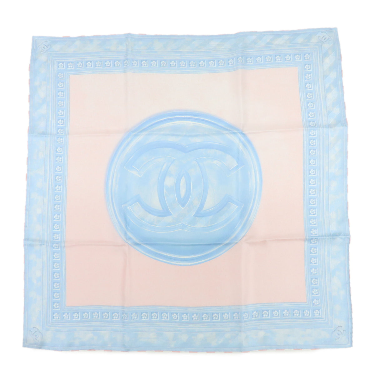 CHANEL COCO Mark Silk 100% Scarf Pink Sky Blue White