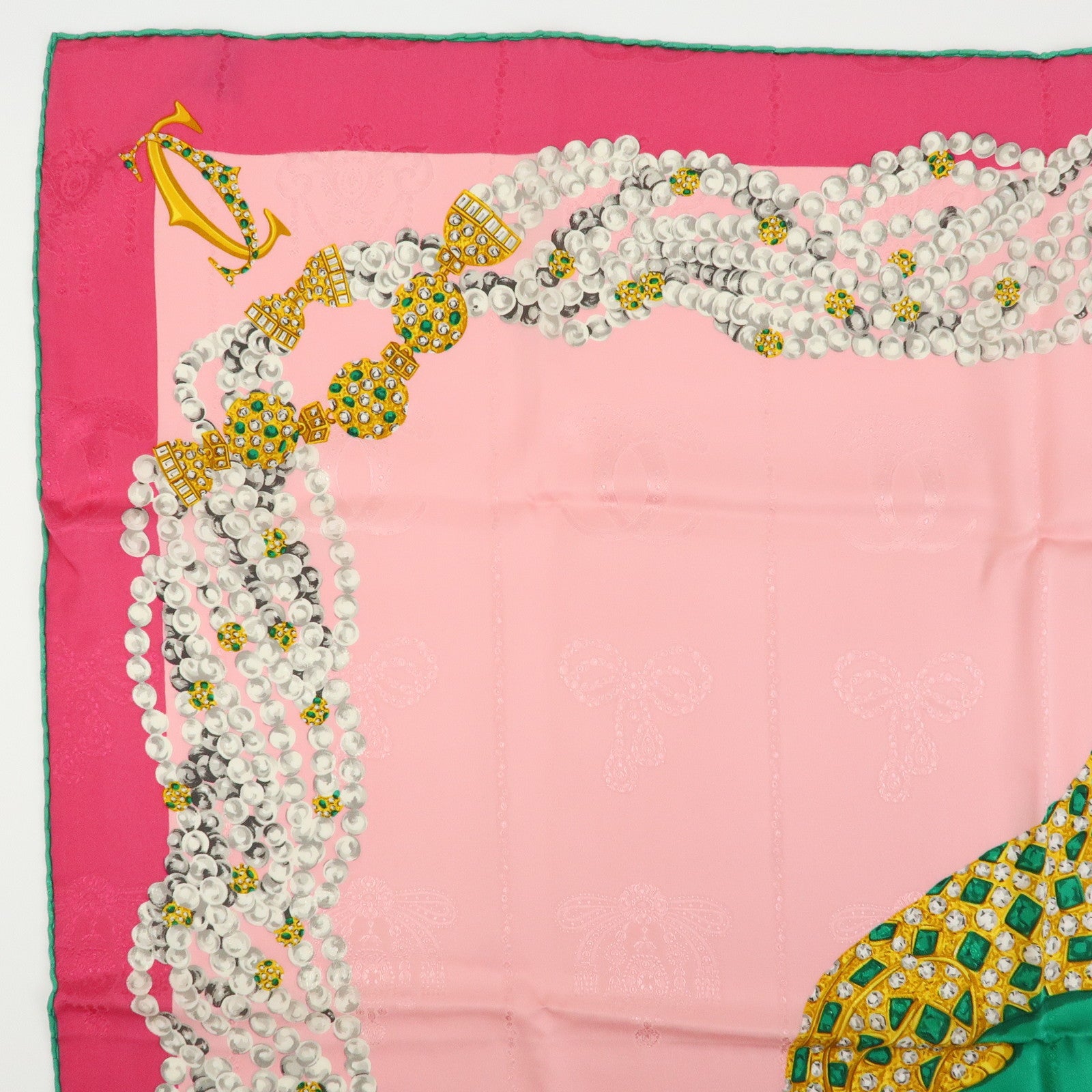 Cartier Silk 100% Scarf Jeweled Panther Motif Pink Green