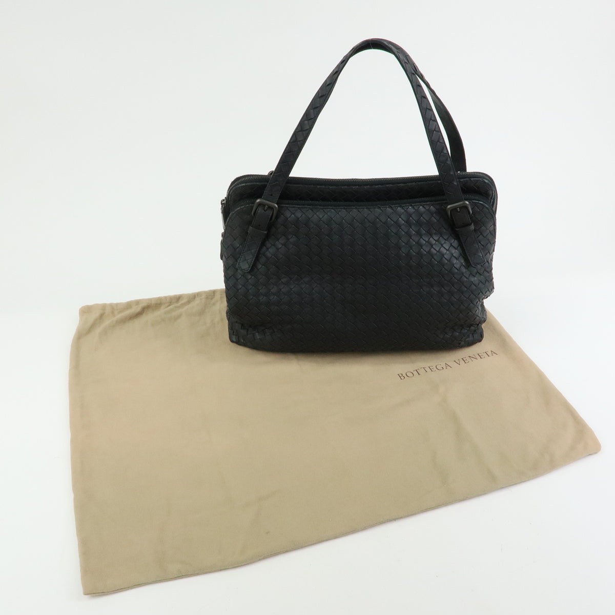BOTTEGA VENETA Intrecciato Leather Boston Bag Shoulder Bag Black