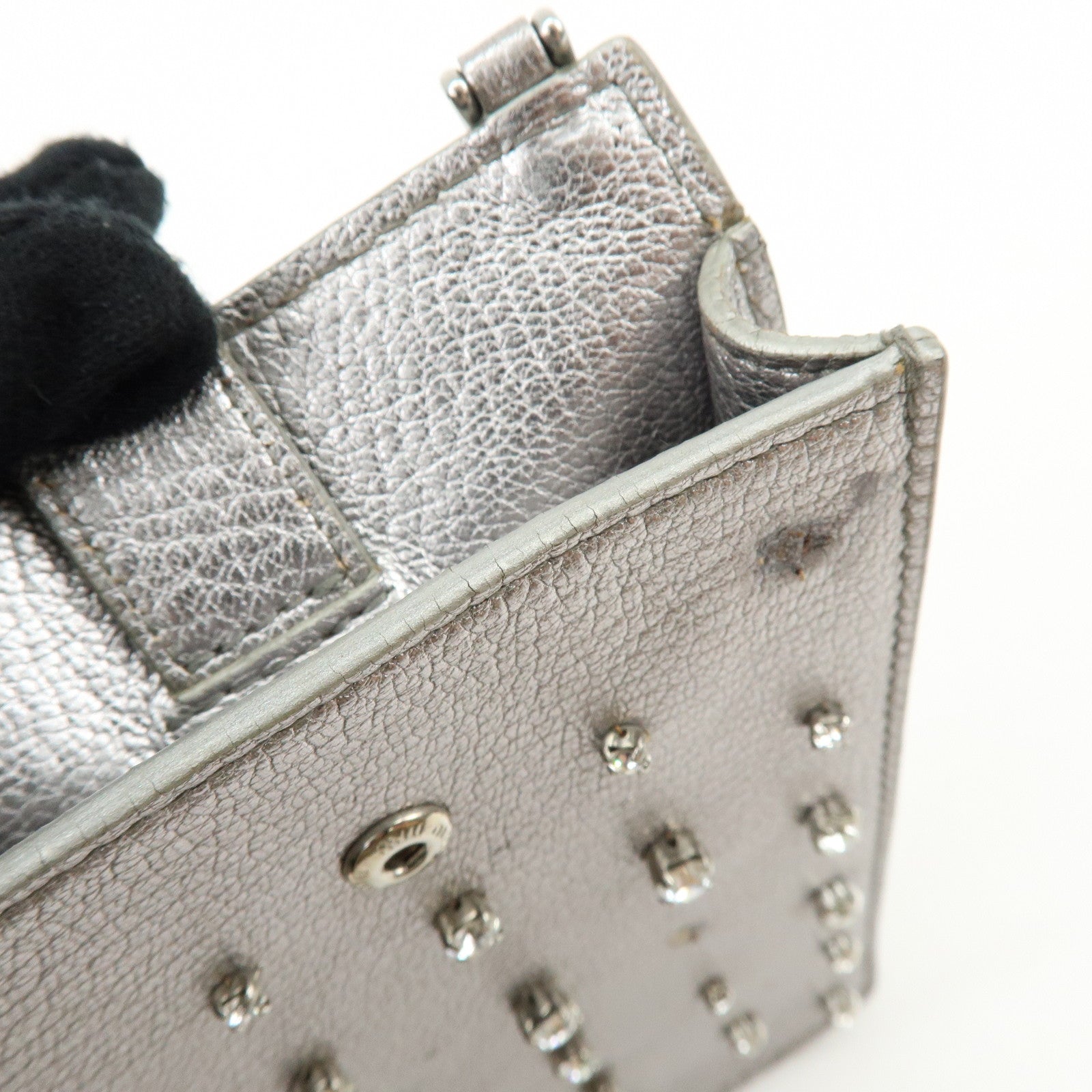 MIU MIU Madras Leather Studs Shoulder Bag Crossbody Phone Pouch Silver