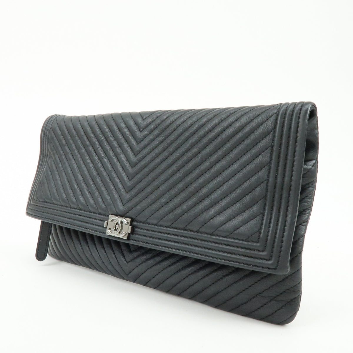CHANEL Boy Chanel Chevron Calfskin Clutch Bag Black Silver
