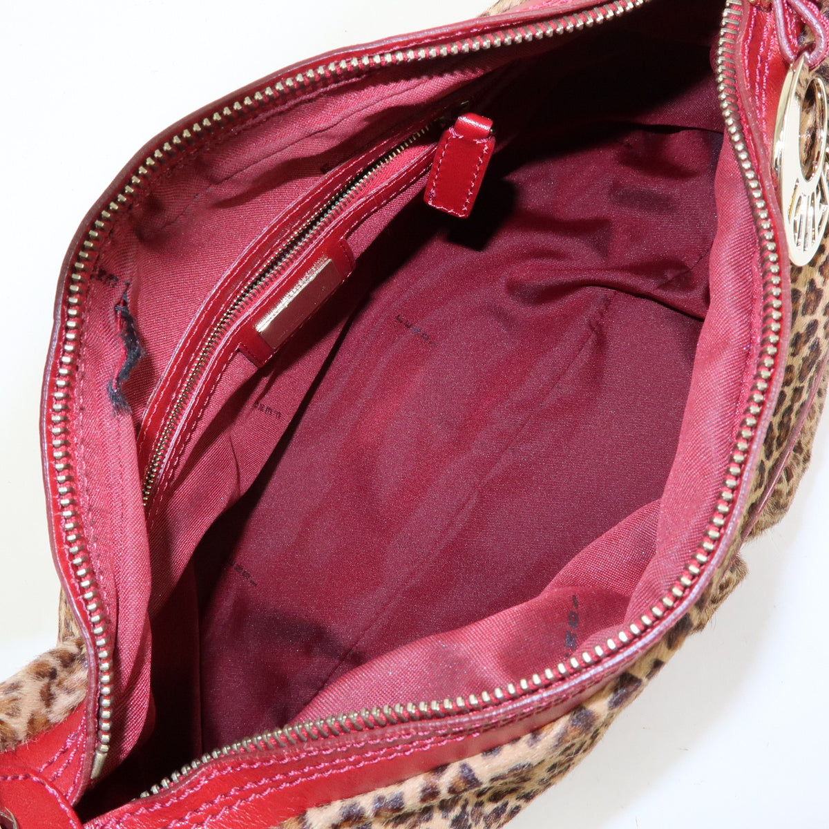 FENDI Pony Hair Leather Leopard Shoulder Bag Hand Bag Brown Red 8BR448