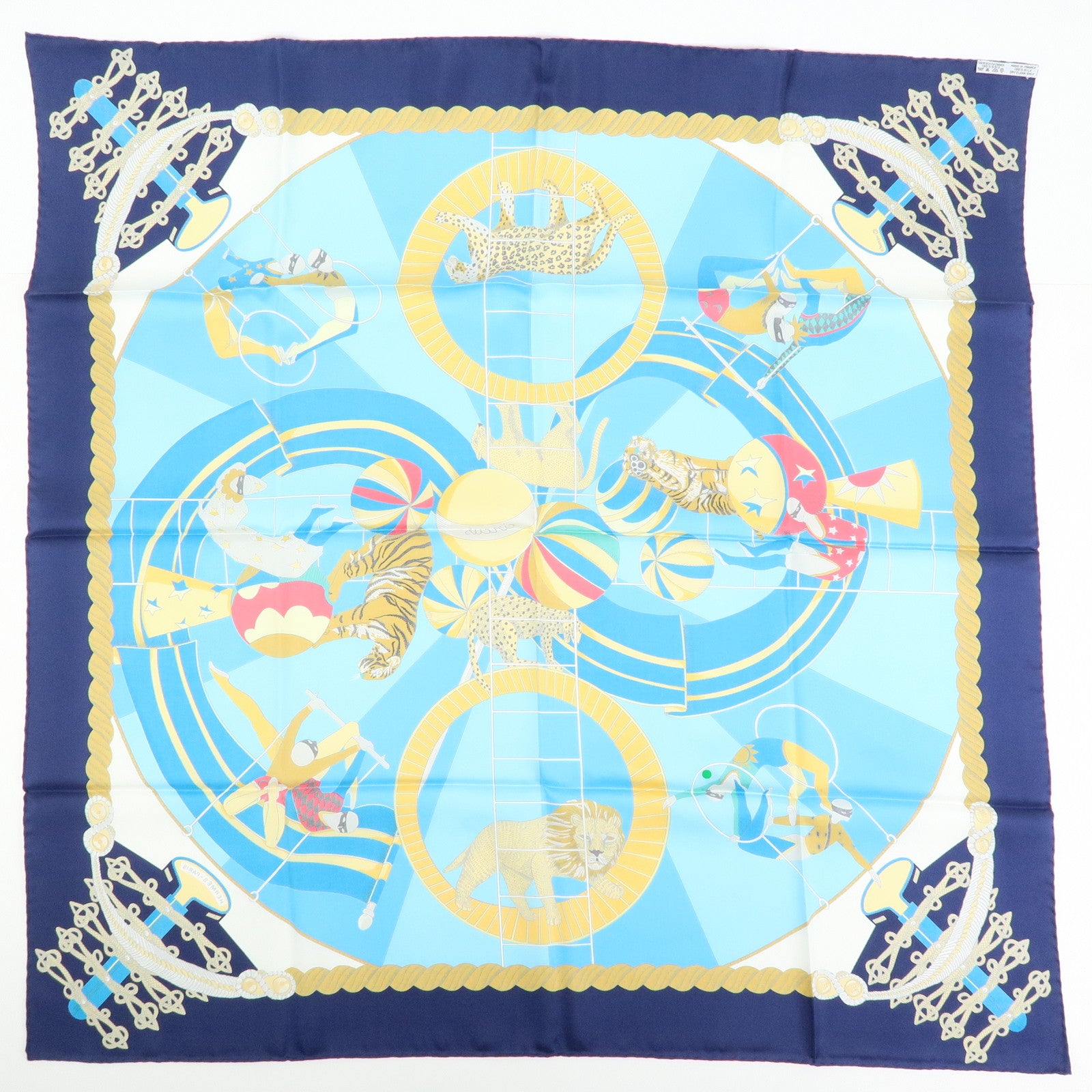 HERMES Carre 90 Silk 100% Scarf Circus Blue Yellow White