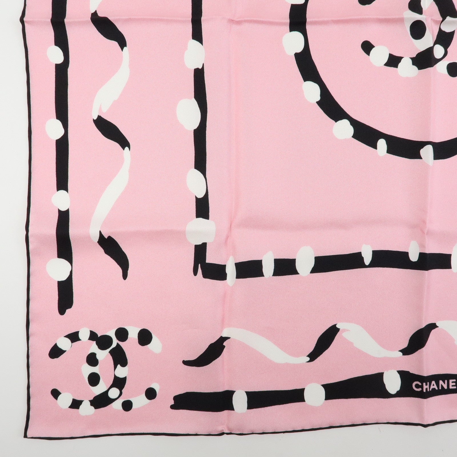 CHANEL COCO Mark Silk 100% Scarf Pink Black White