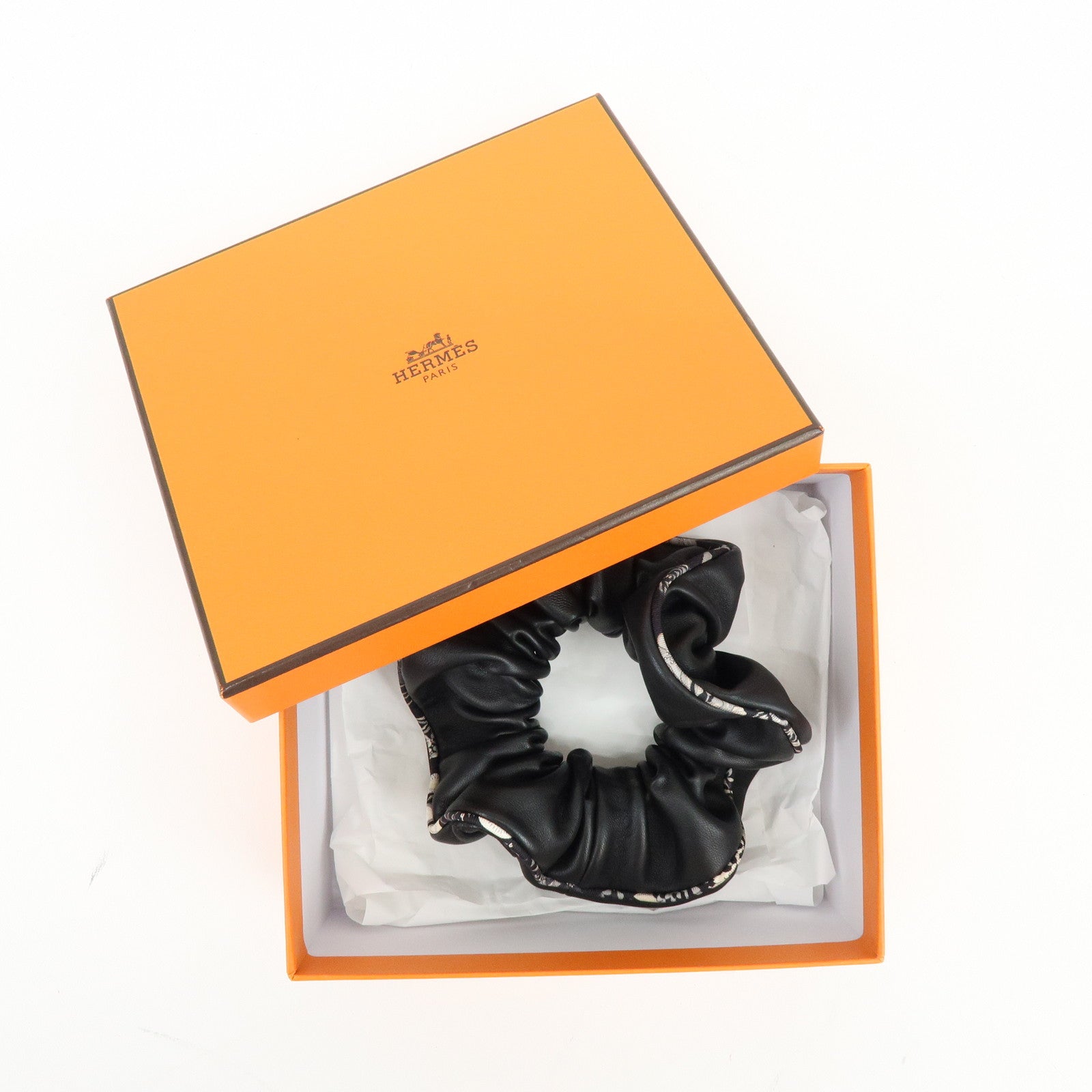 HERMES Agneau Milo Lamb Leather Scrunchie Hair Accessory Black White