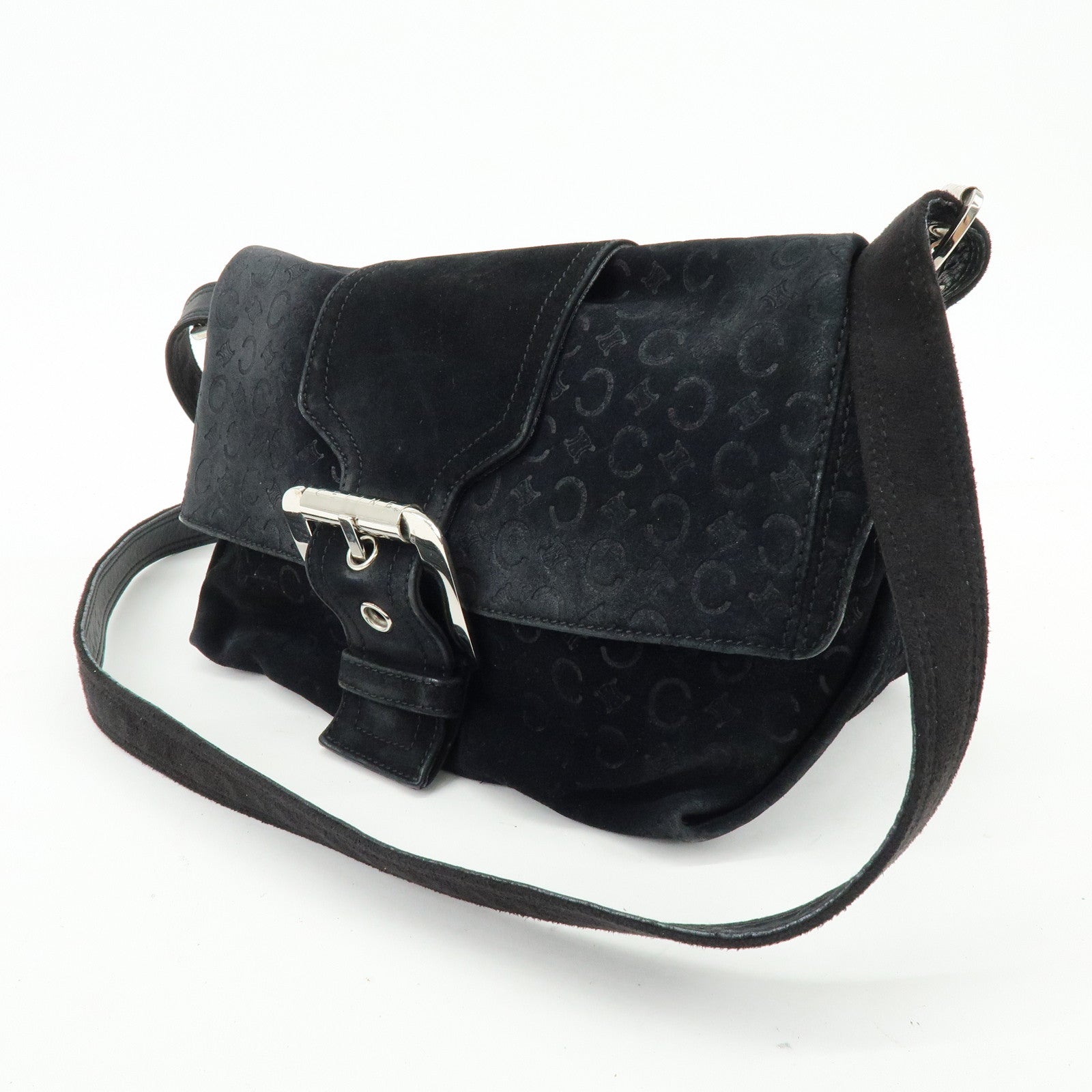 CELINE C Macadam Suede Leather Shoulder Crossbody Bag Black