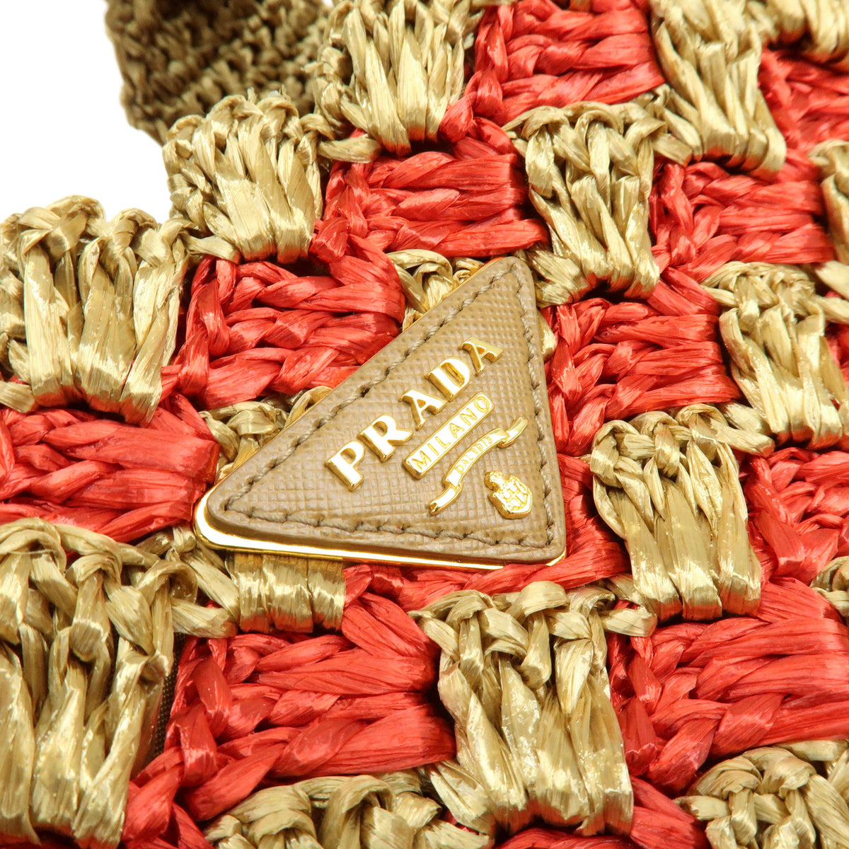 PRADA Canapa Triangle Logo Raffia Tote Bag Hand Bag Natural Red BN2303