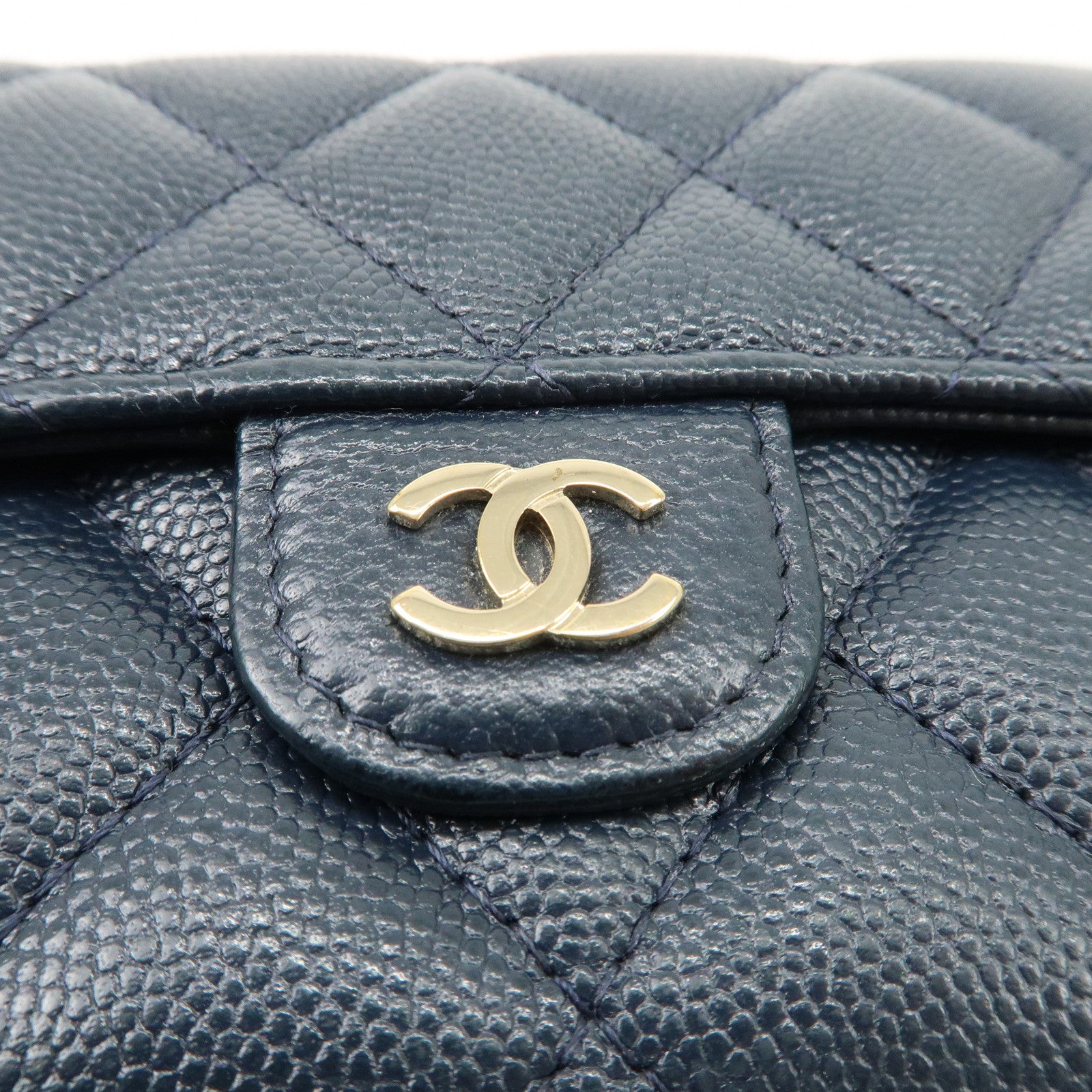 CHANEL Matelasse Caviarskin Tri-fold Wallet Small Wallet Navy AP0232 Used