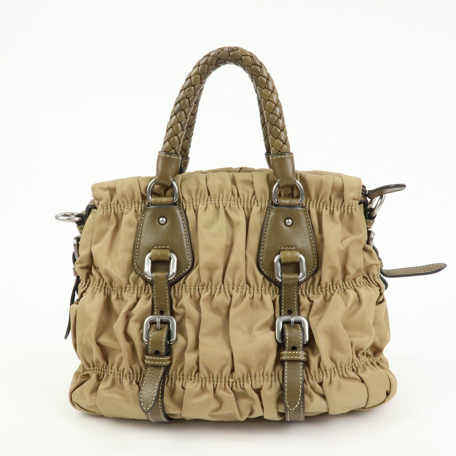 PRADA Triangle Logo Nylon Leather Tessuto Gaufre Hand Bag Brown