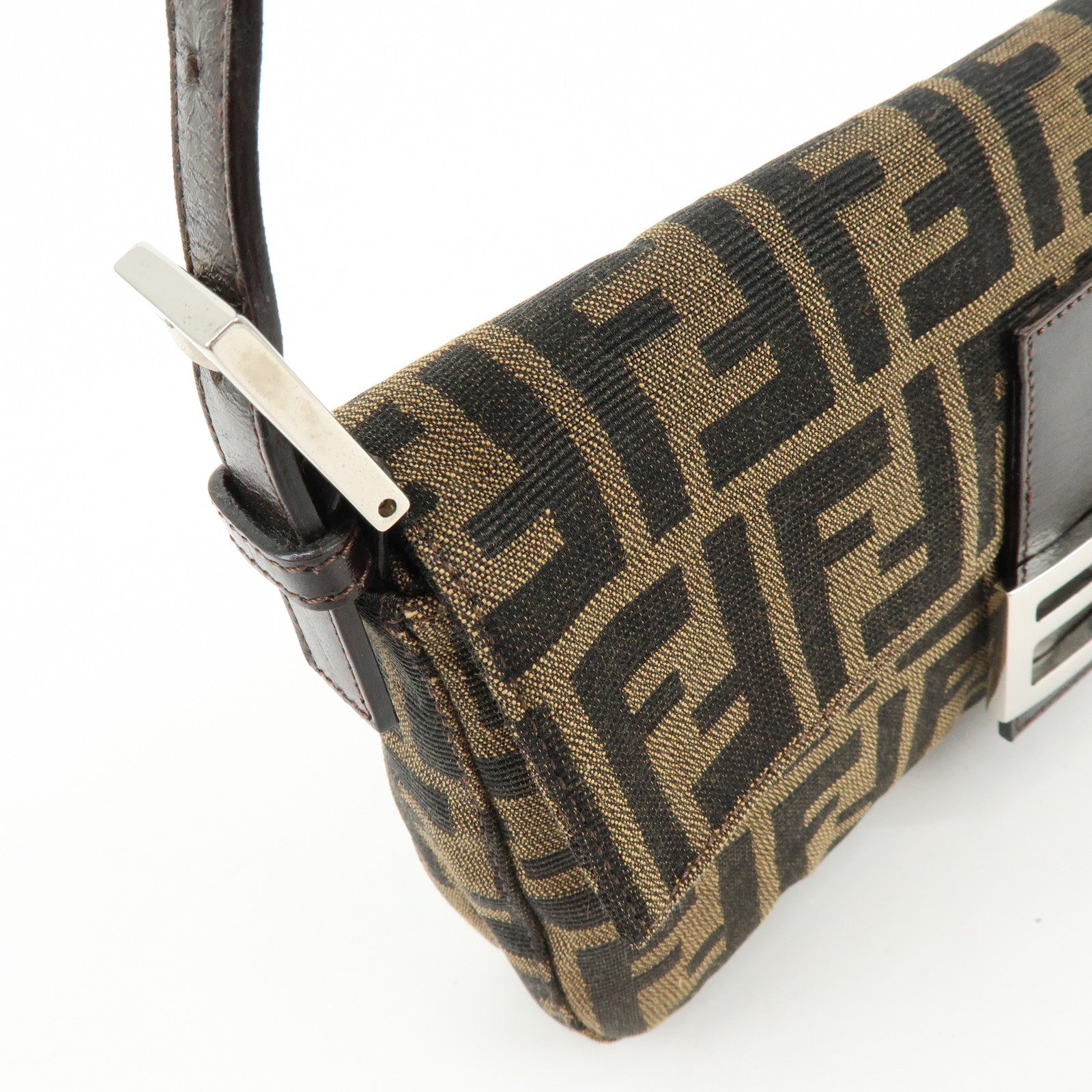 FENDI Mamma Baguette Jacquard Canvas Leather Shoulder Bag Brown 26424