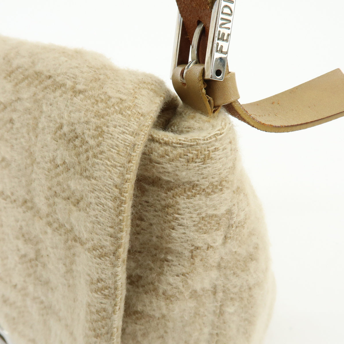 FENDI Mamma Baguette Zucca Wool Leather Shoulder Bag Beige 26325