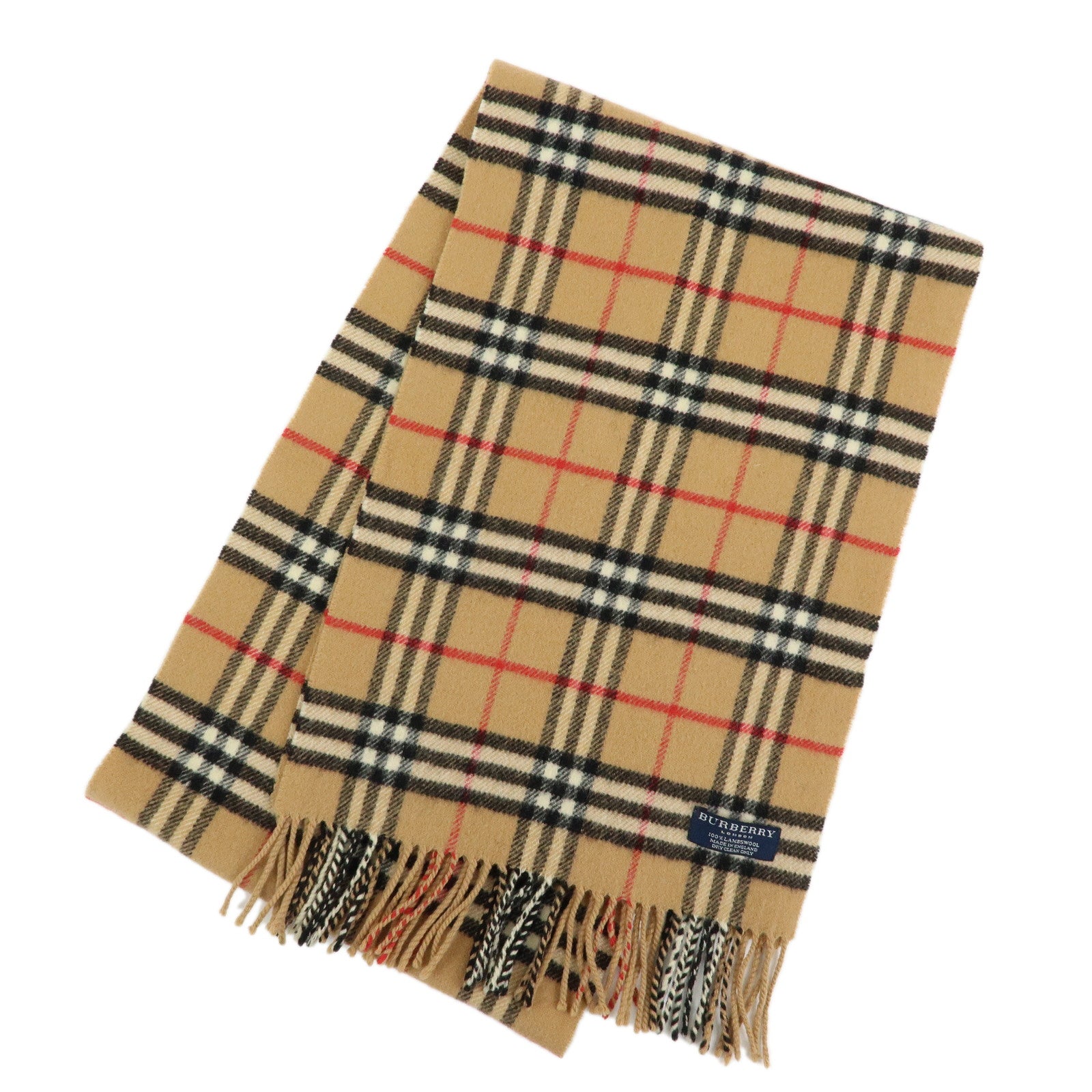 BURBERRY Nova Plaid Wool 100% Fringe Scarf Camel Black Red