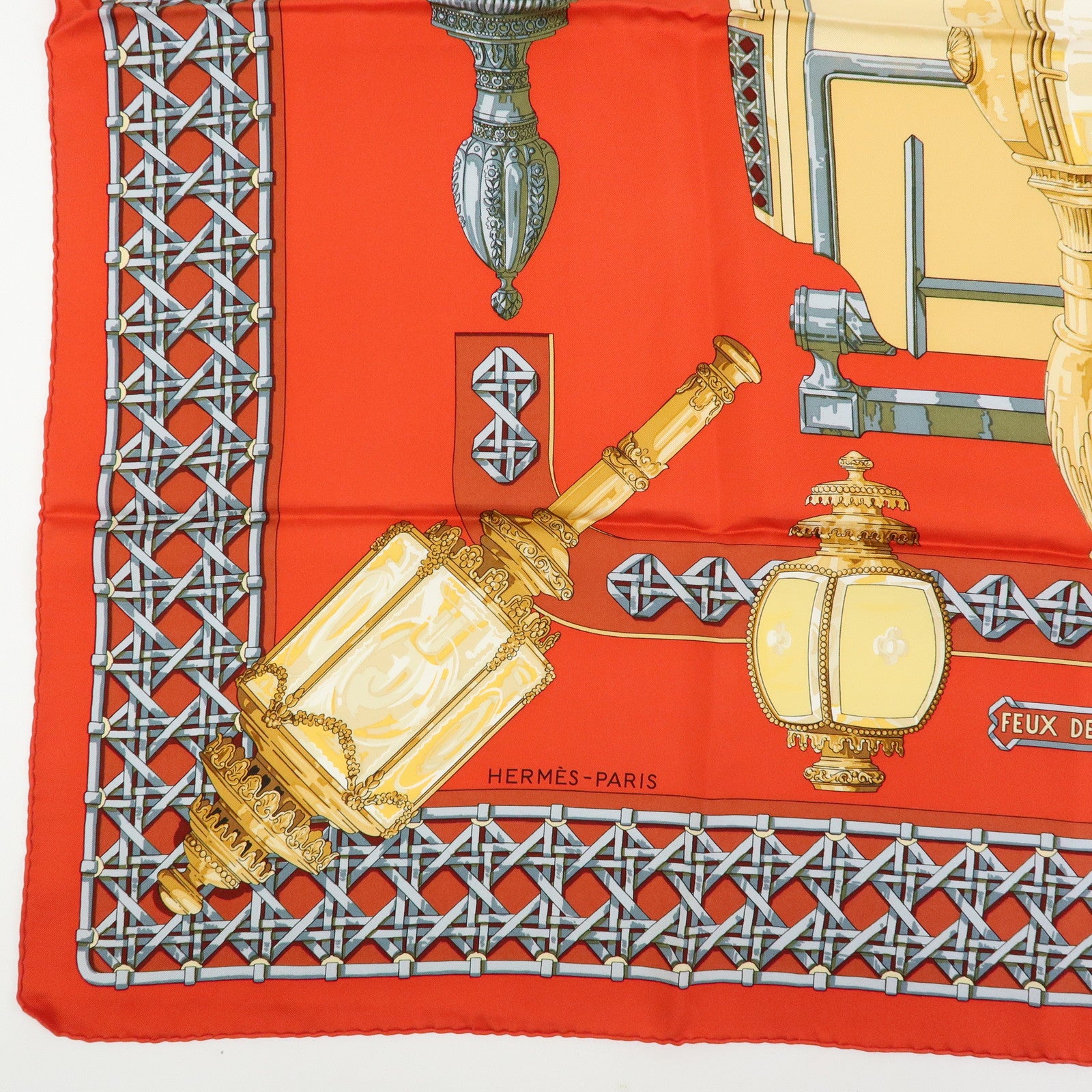 HERMES Carre 90 Silk 100% Scarf FEUX DE ROUTE Lantern Motif Red Gold