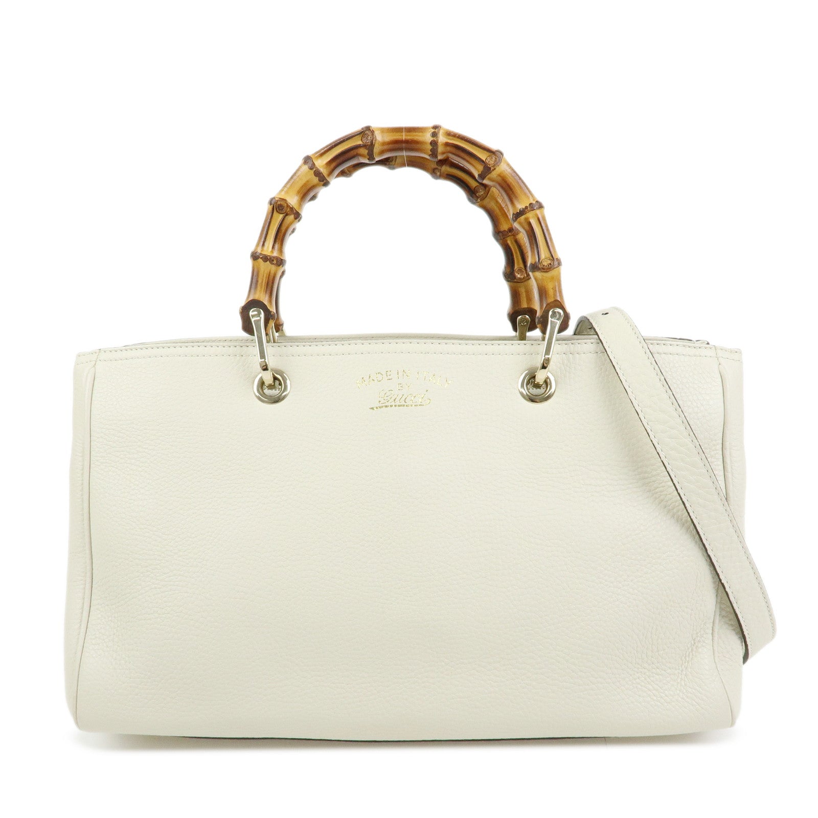 GUCCI Bamboo Shopper Medium Leather 2Way Bag Hand Bag White 323660