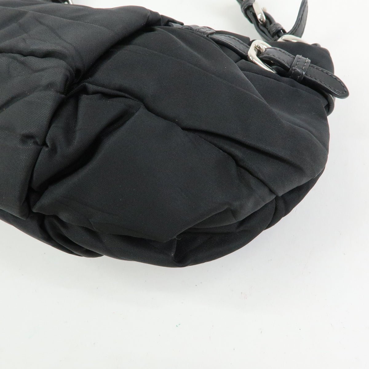 PRADA Tessuto Gathered Nylon Leather Shoulder Bag Hand Bag Black BN1704
