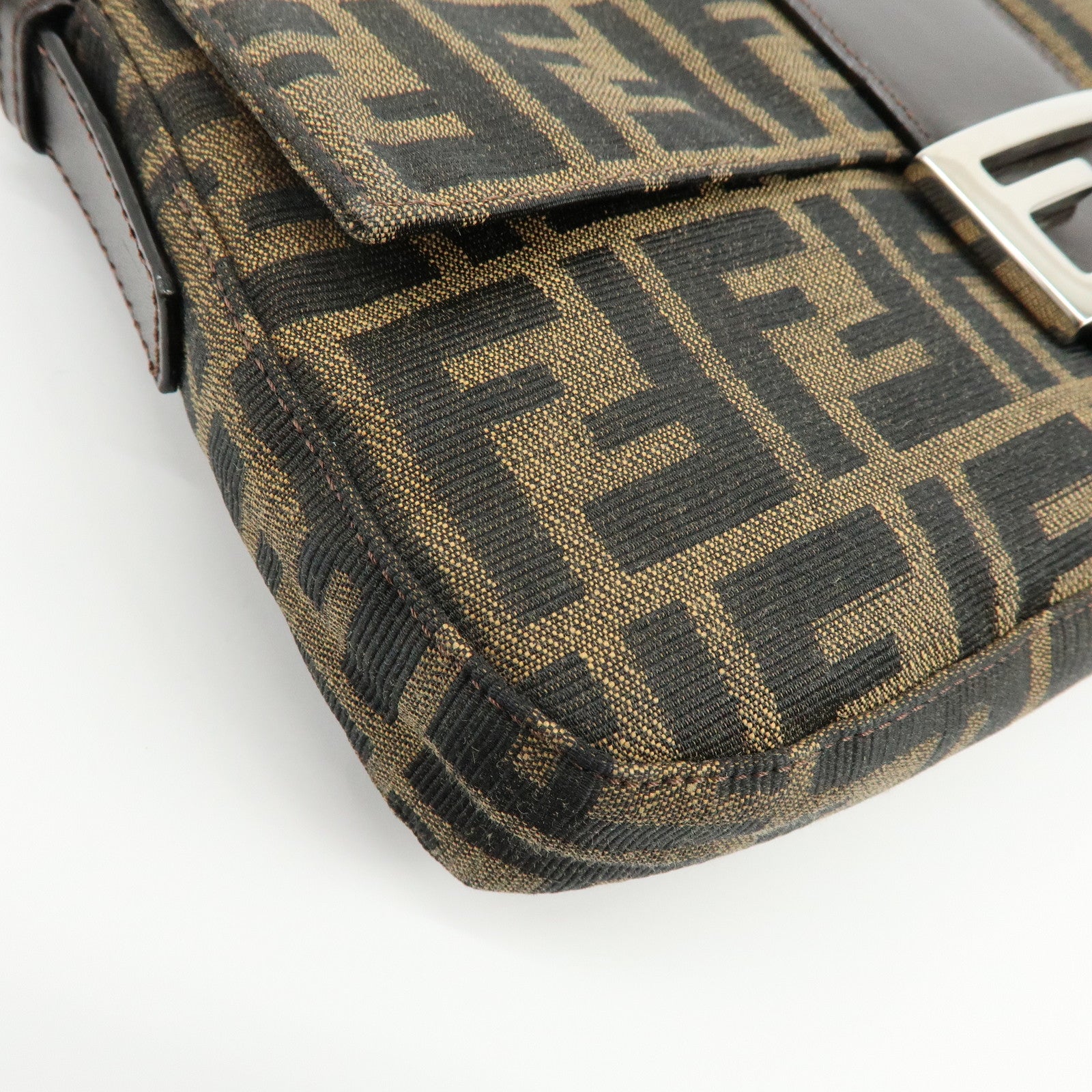 FENDI Mamma Baguette Zucca Canvas Leather Shoulder Bag Brown 26424