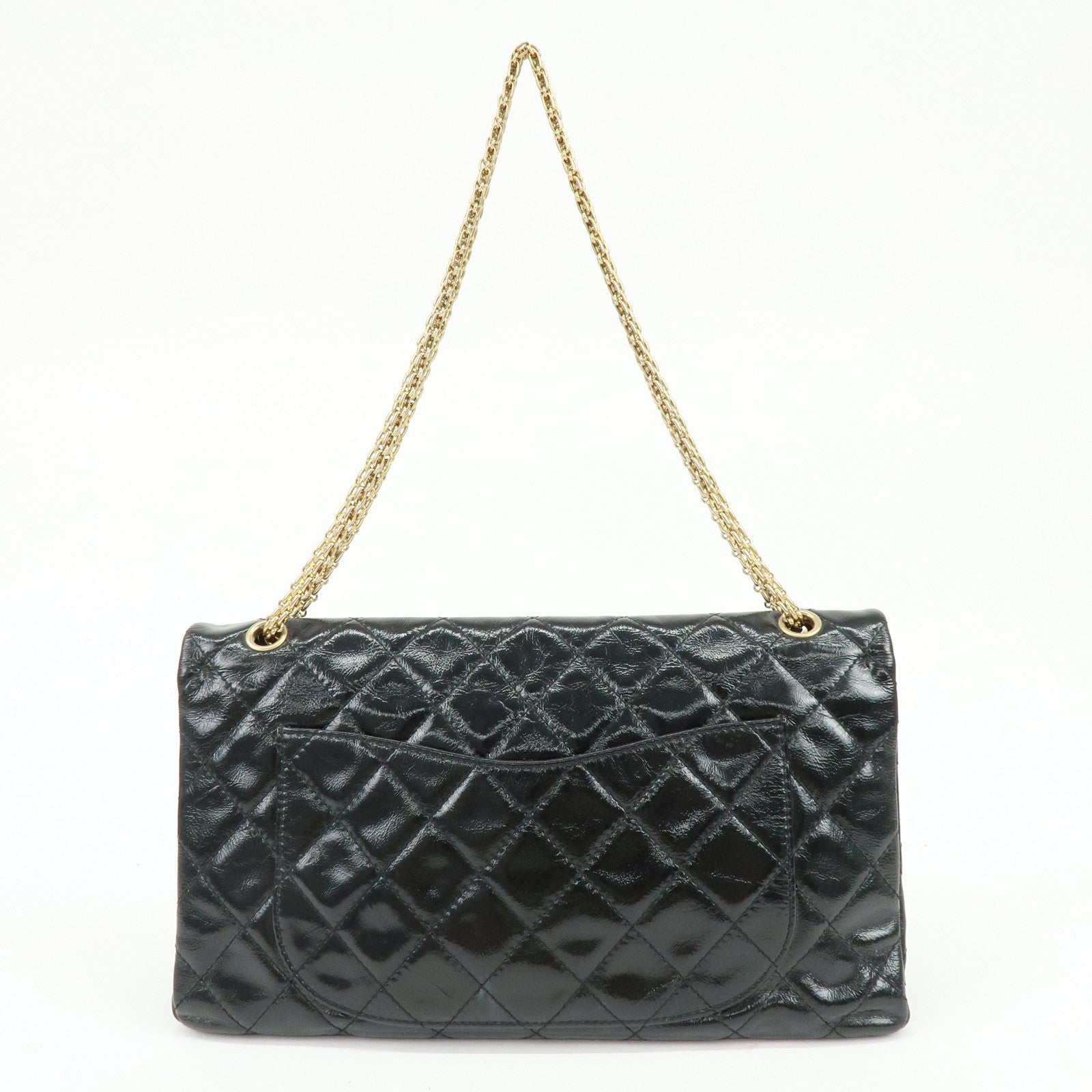 CHANEL 2.55 Patent Leather Chain Shoulder Bag Turn Lock Black