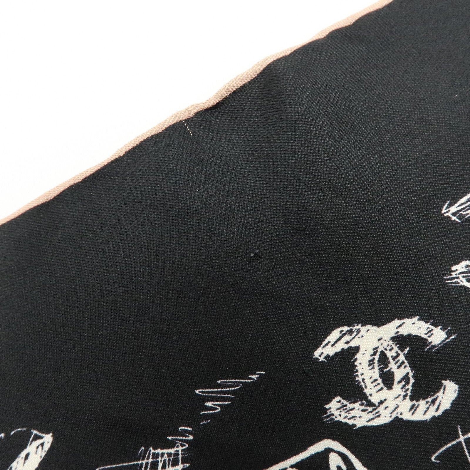 CHANEL Silk 100% Scarf Iconographic Pattern Black White Pink