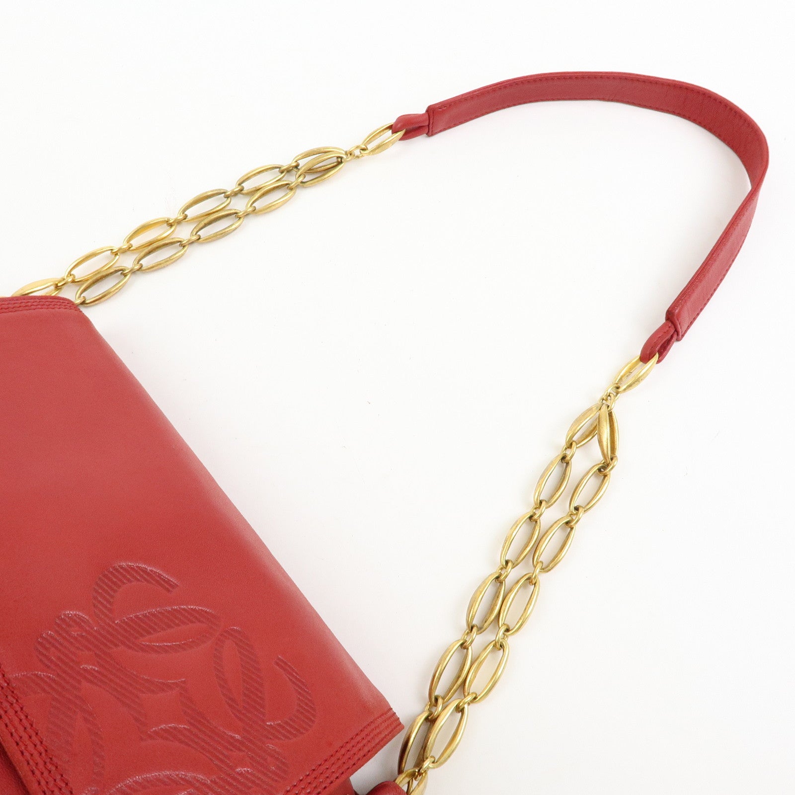 LOEWE Anagram Nappa Leather Chain Shoulder Bag Red Gold