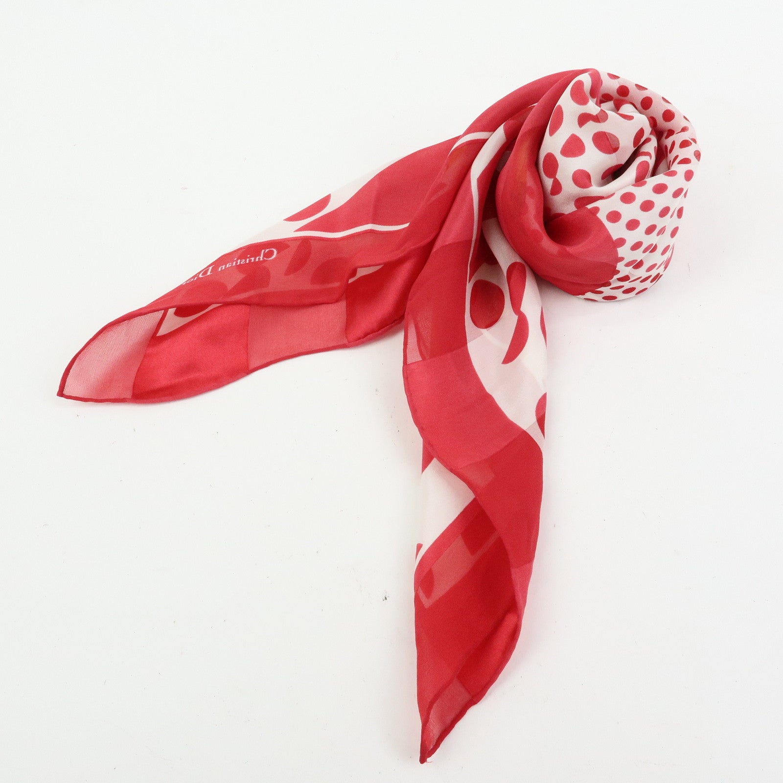 Christian Dior Silk 100% Scarf Chain Motif Dots Red White Gold