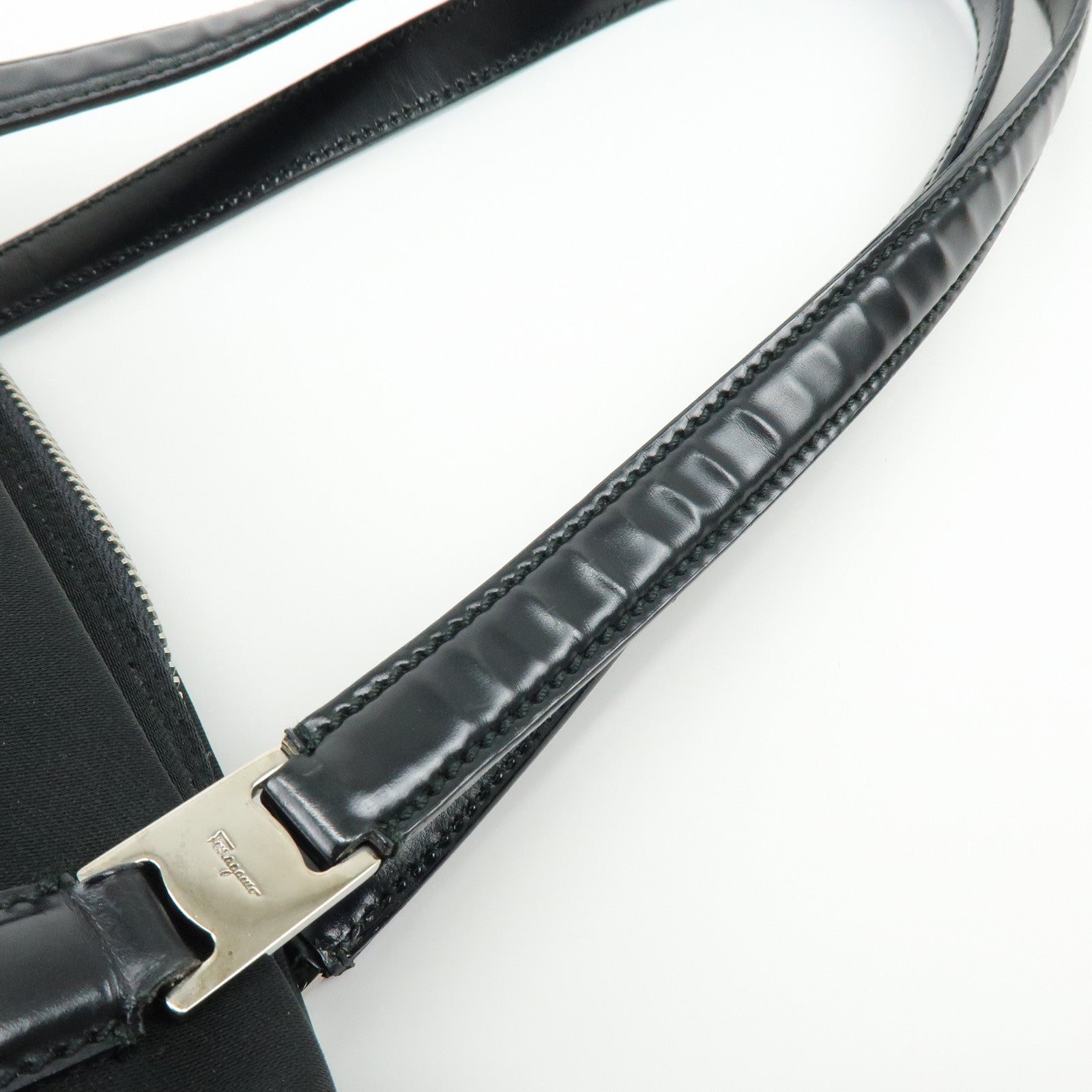 Ferragamo Nylon Leather Hand Bag Mini Boston Bag Black