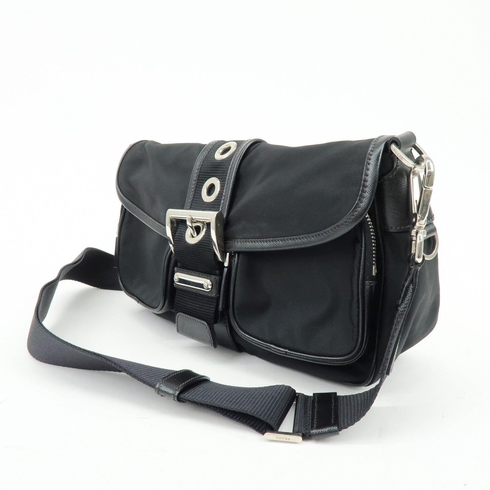 PRADA Triangle Logo Nylon Saffiano Leather Shoulder Bag Black BT0464