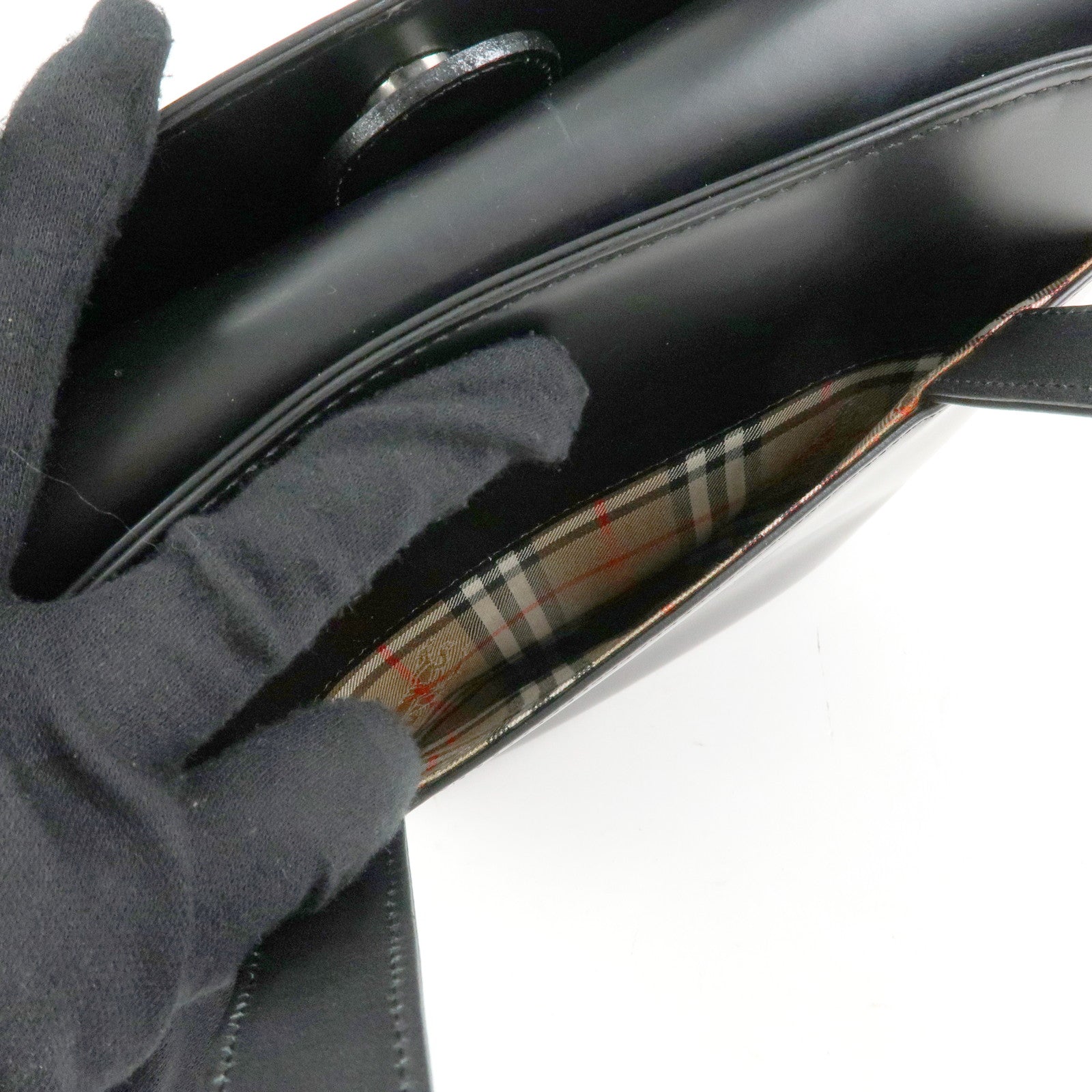 BURBERRY Nova Plaid Leather Canvas Tote Bag Hand Bag Black