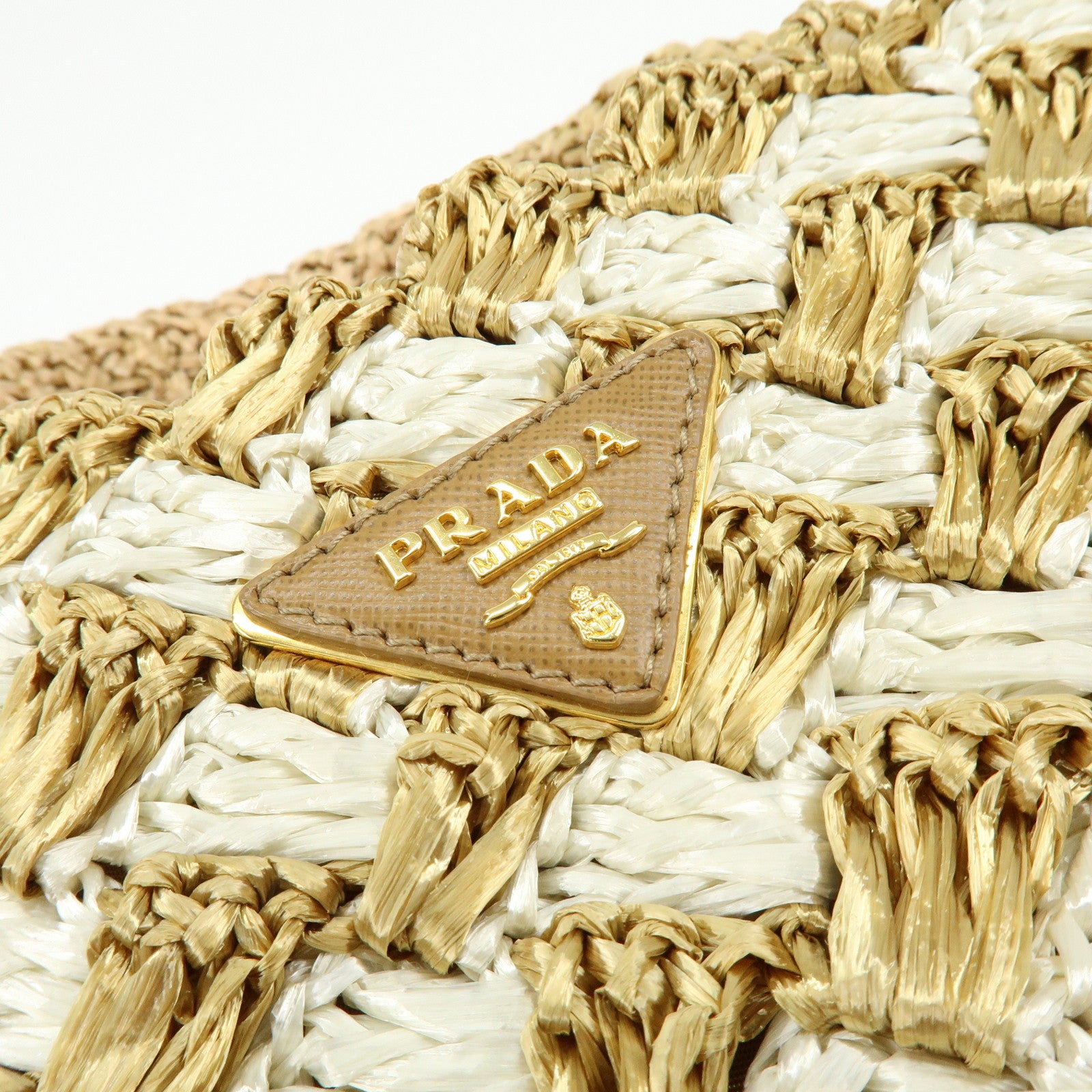 PRADA Traingle Logo Canapa Raffia Tote Bag Hand Bag Natural White