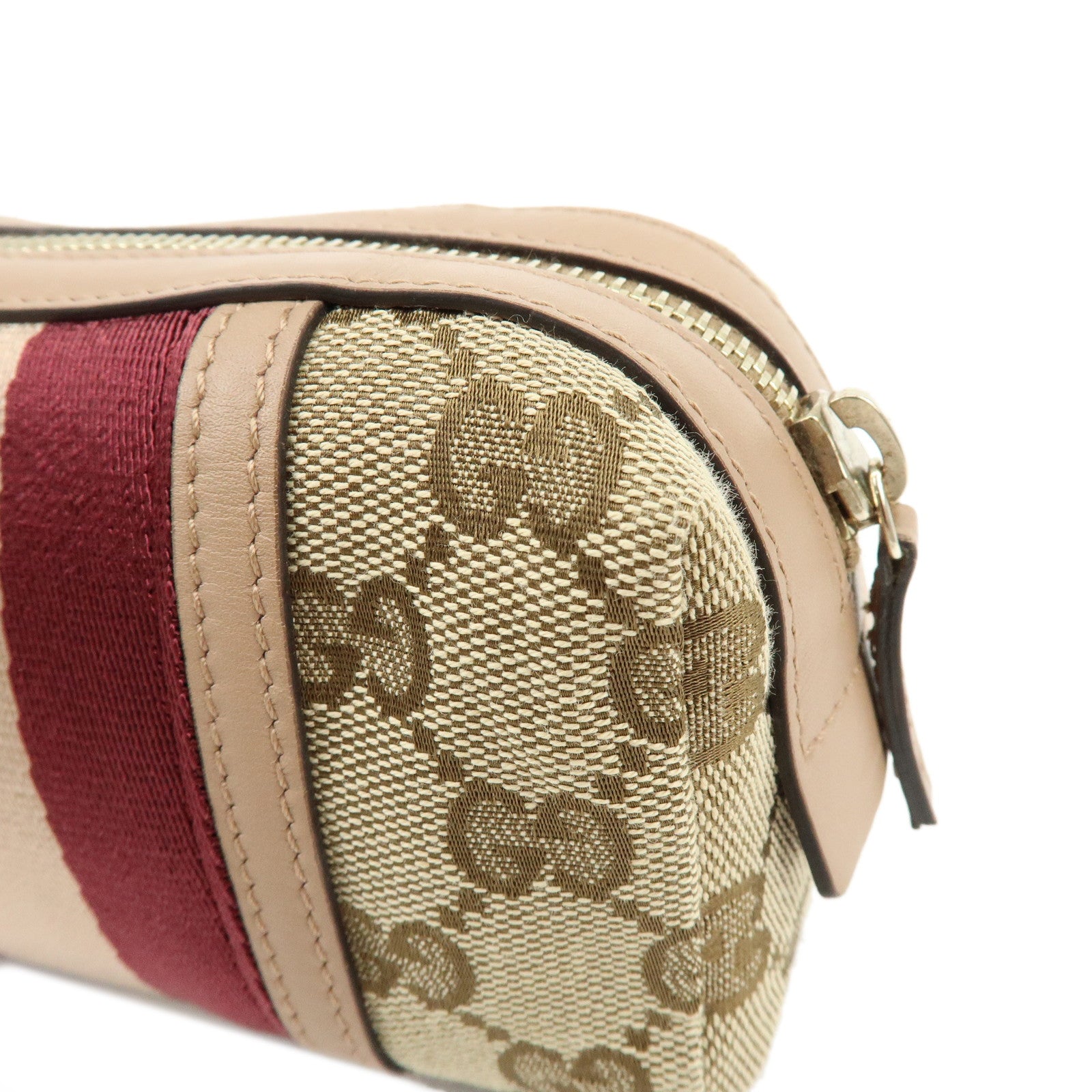 GUCCI Sherry GG Canvas Leather Cosmetic Pouch Beige Bordeaux 256639