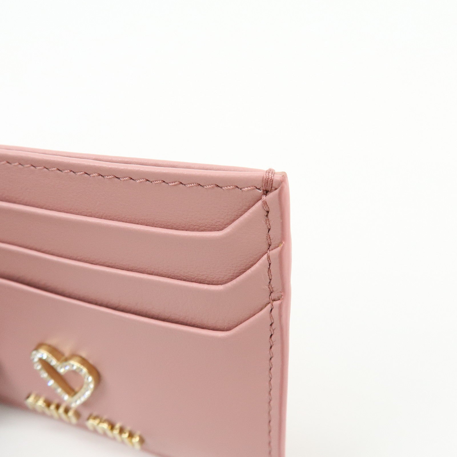 MIU MIU Leather Card Case Valentine Limited Heart Motif Rhinestone Pink
