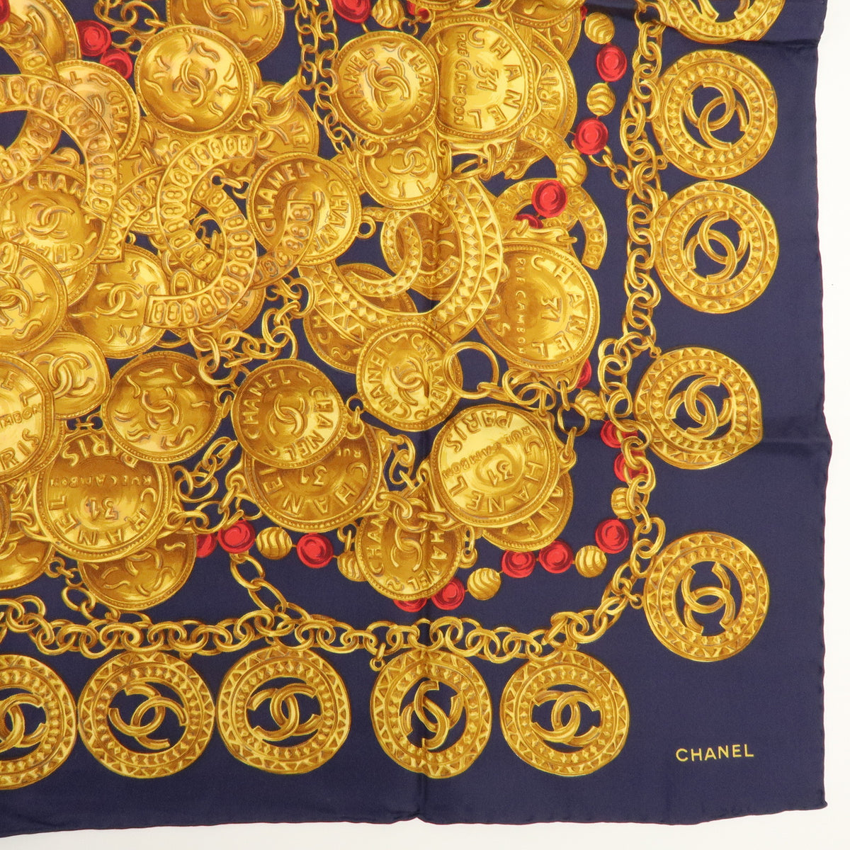 CHANEL COCO Mark Silk 100% Scarf Chain Print Gold Navy Red