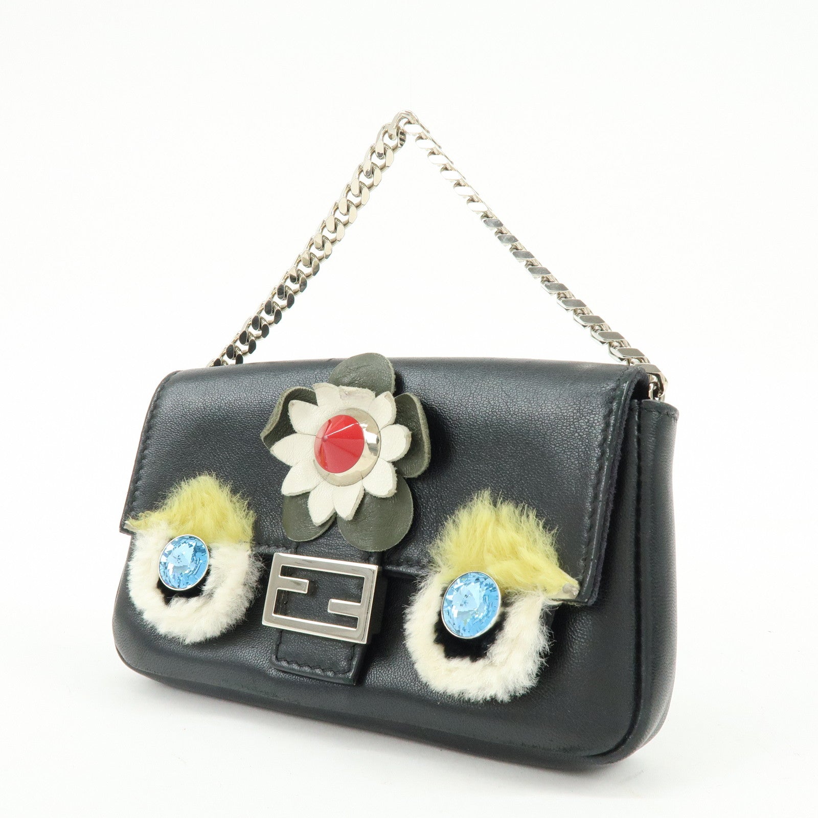 FENDI Monster Micro Baguette Leather Shoulder Bag Rhinestone 8M0354