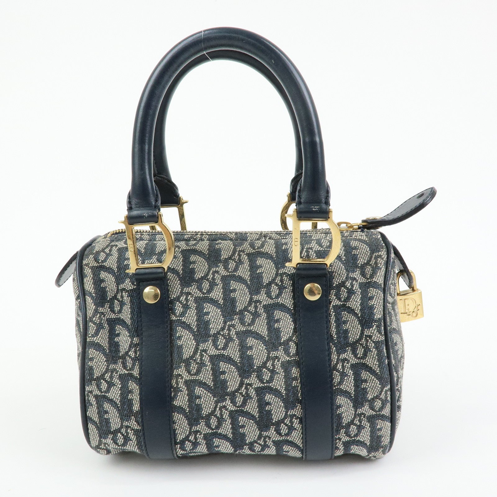Christian Dior Trottern Jacquard Leather Mini Boston Bag Hand Bag Navy