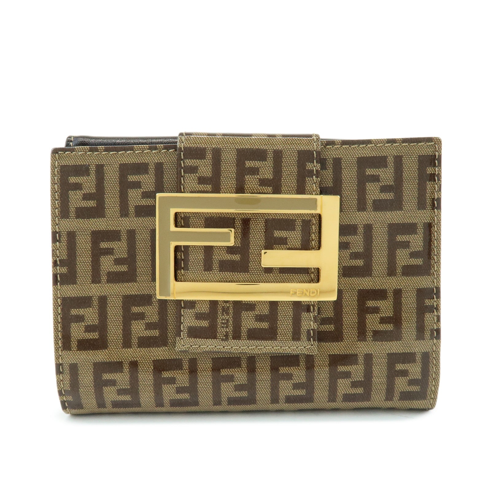 FENDI Zucchino Patent Leather Bi-fold Compact Wallet Beige Brown 16348