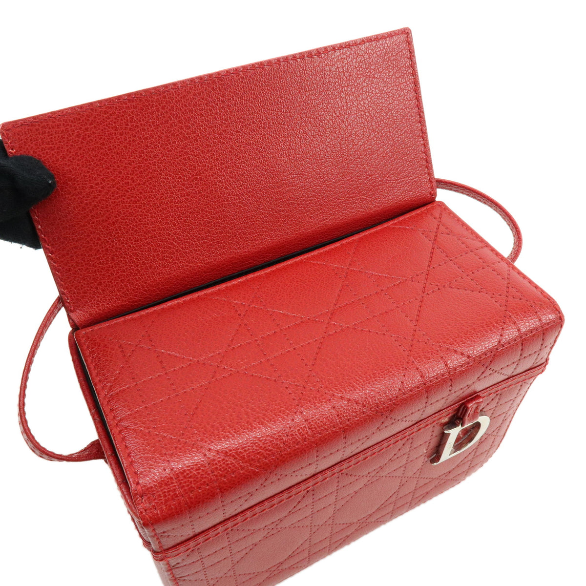 Christian Dior Cannage Leather Hand Bag Vanity Bag Red