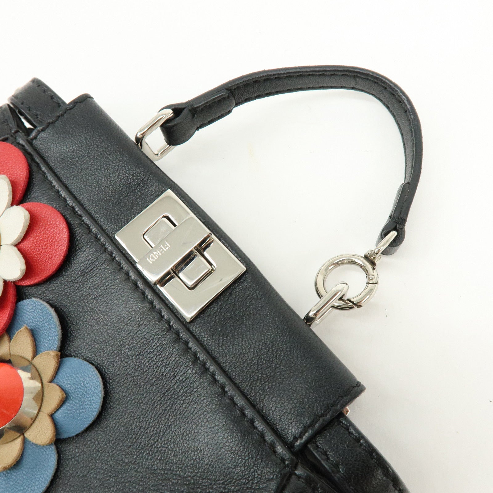 FENDI Micro Peekaboo Leather Flower Motif 2Way Hand Bag Black 8M0355