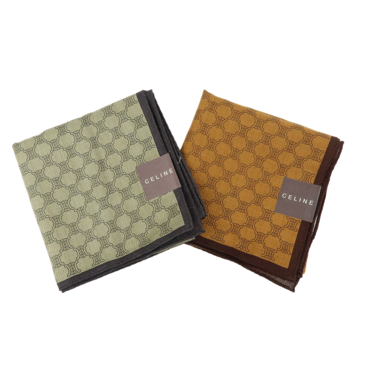 CELINE Macadam Lot of 2 Cotton 100% Scarf Handkerchief Brown Khaki