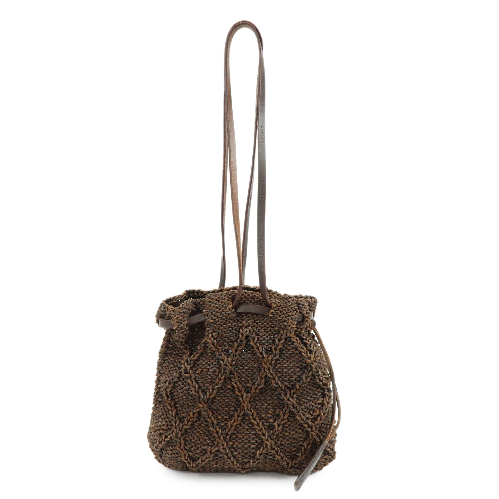 CHANEL Braided Leather Drawstring Shoulder Bag Brown