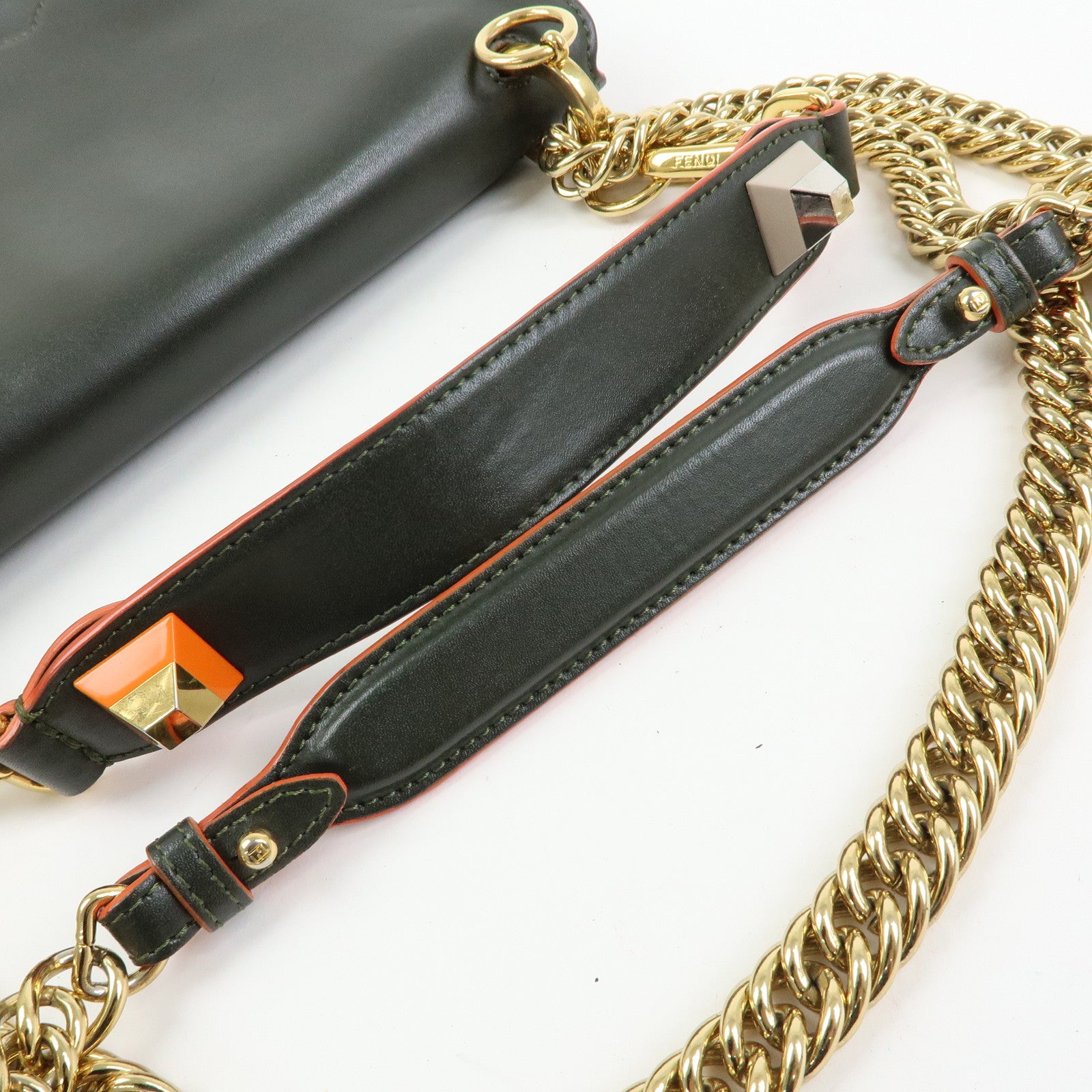 FENDI KAN I Leather 2Way Bag Chain Shoulder Bag Green Orange 8BT283