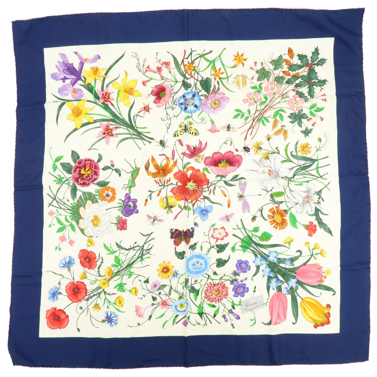 GUCCI Silk 100% Scarf Flower Design White Navy Pink