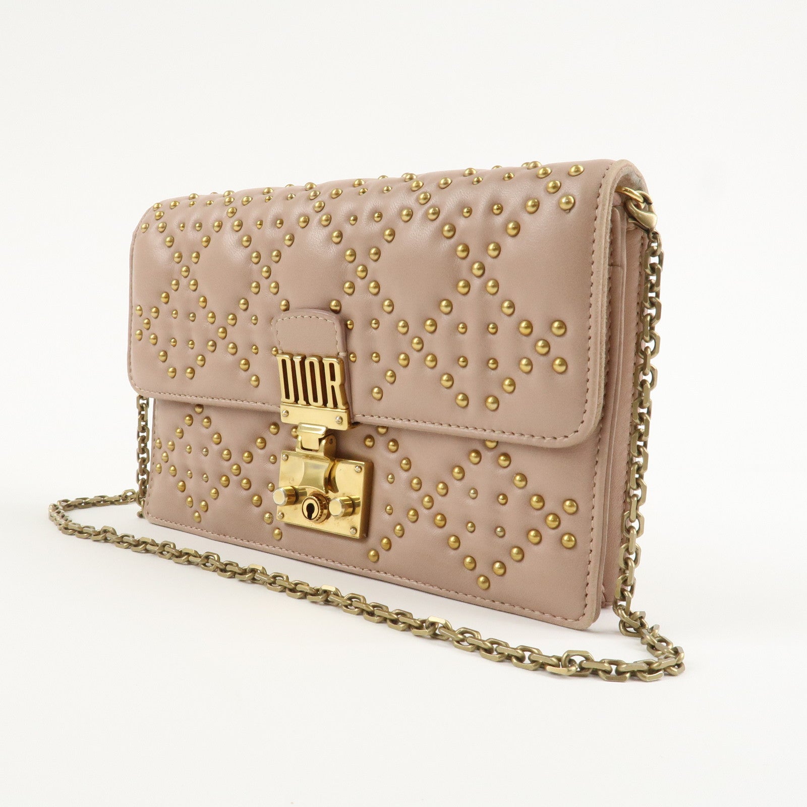 Christian Dior Addict Studs Leather Chain Shoulder Bag Hand Bag Beige Used